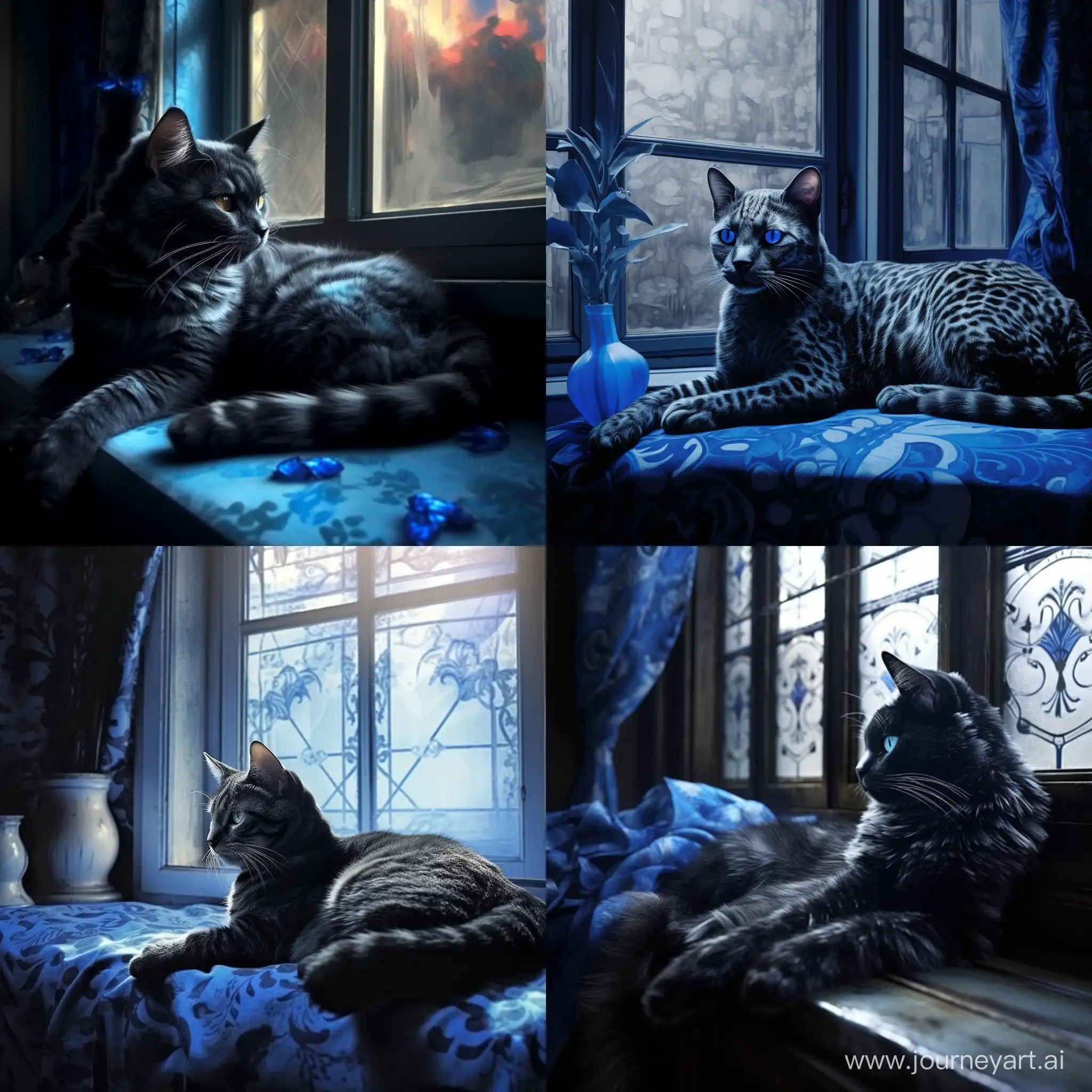 Action, голубая кошка с черными узорами лениво разлеглась на фоне окна, мягкий свет проникает через окна отбрасывая блики на кошку