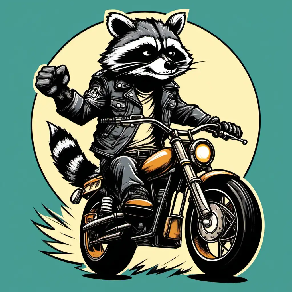 Bad ass cartoon Raccoon riding a motorcycle, sticking his fist up with caption 'Up Yours Children'