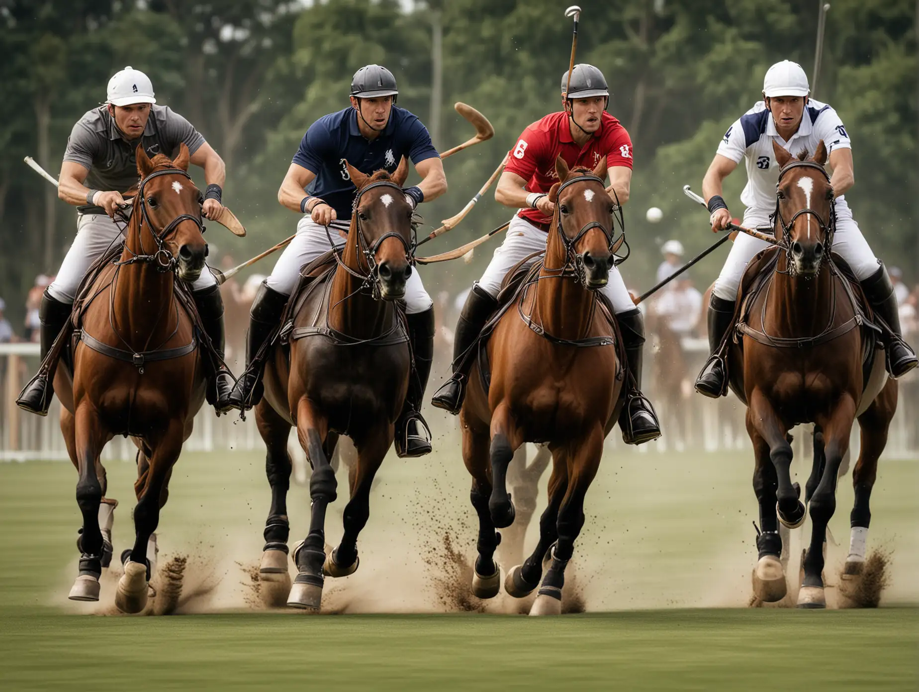 create an image of 3 polo players viewed from the side, riding alongside each other, one slightly ahead of the other, reaching out for the ball showing intensity on faces and the power of the horses.