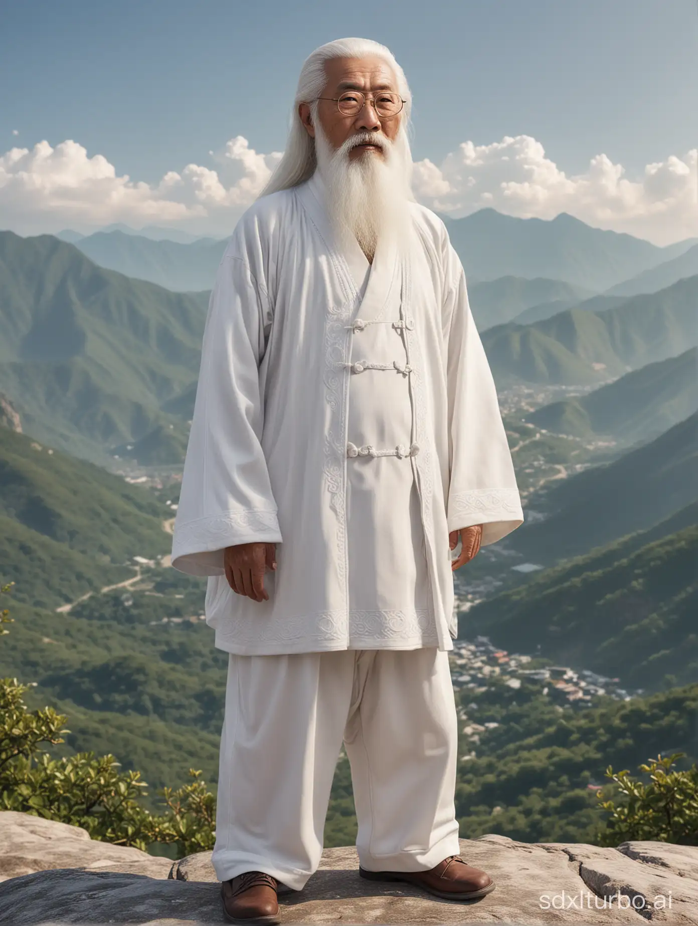 an 70s old chinese man, long white hair, long white beard, big eyes, double eyelid, full body view, standing on the mountain top, friendly looking, white outfit, photorealistic, front view, looking at the viewer