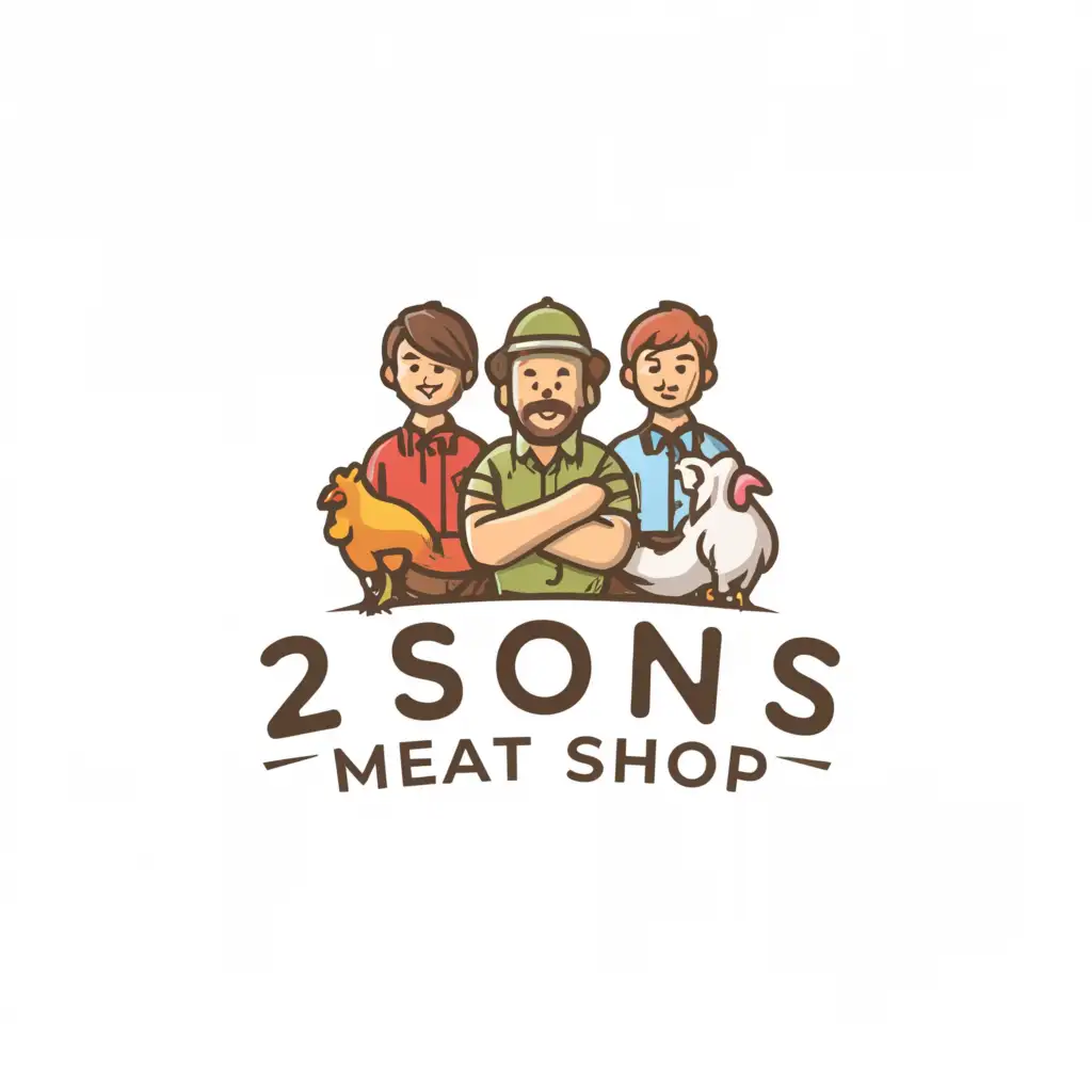 a logo design, with the text '2 sons meat shop', main symbol: 2 sons and goat meat chicken, complex, clear background with father in middle and sons by Burch sides