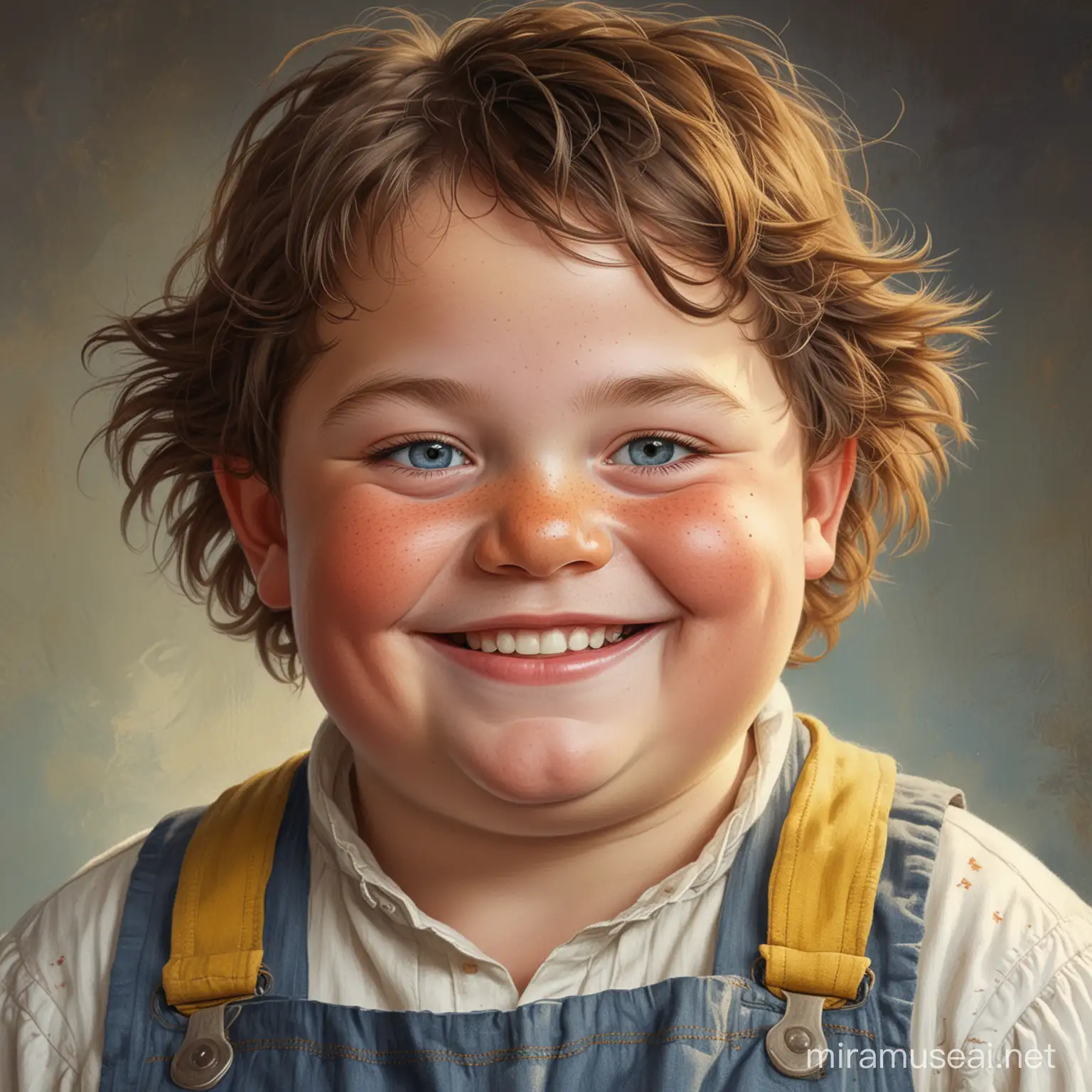 Cheerful SevenYearOld Peasant Boy with Chubby Face and Freckles