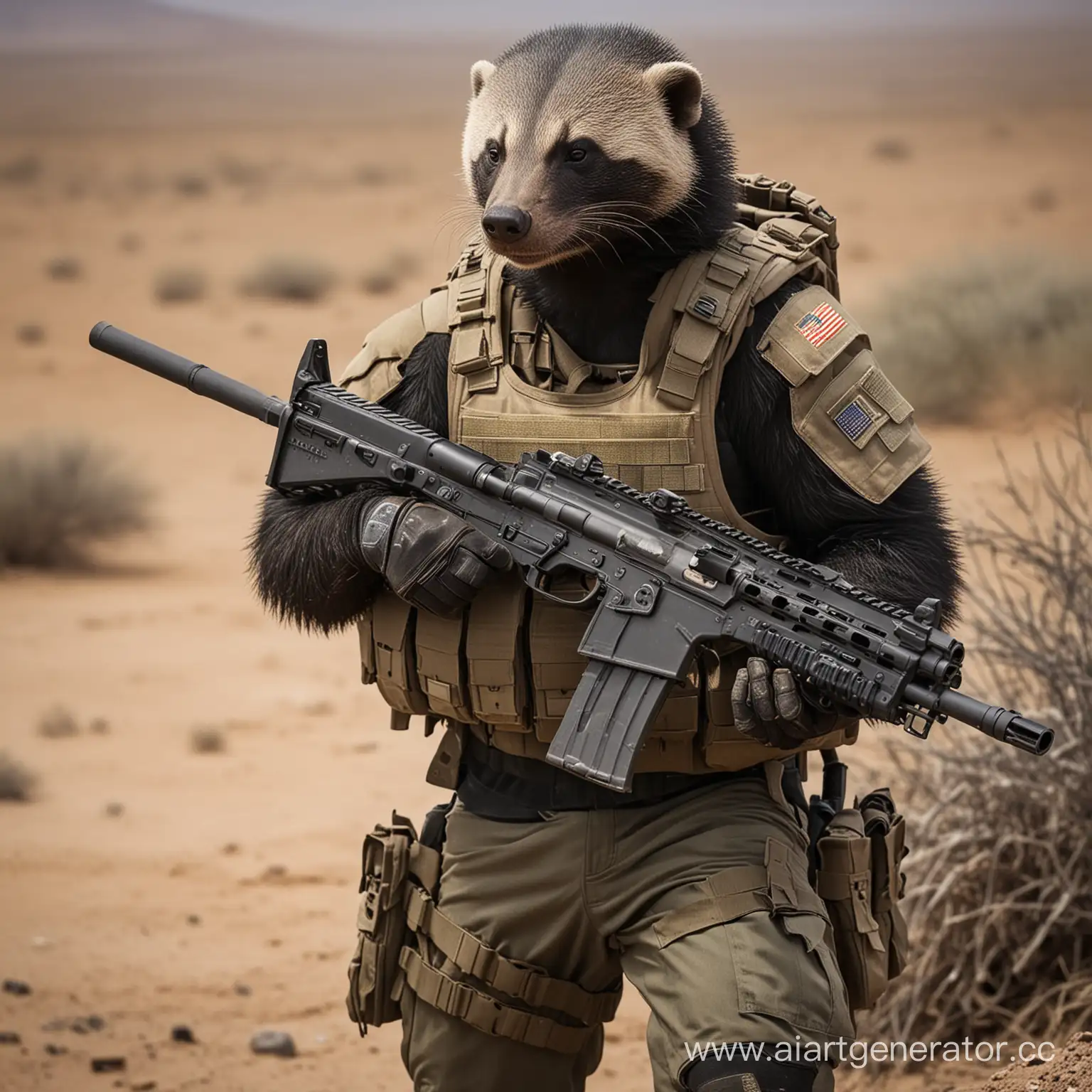 A honey badger soldier with a machine gun and a bulletproof vest
