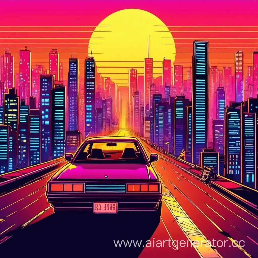 Neon-City-Car-Driving-into-Sunset