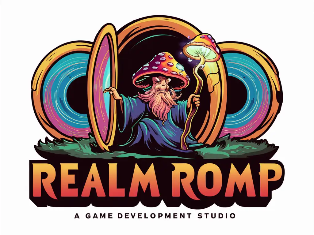 Fantasy Game Dev Studio Logo Realm Romp Featuring Mature Shroom Wizard Portal