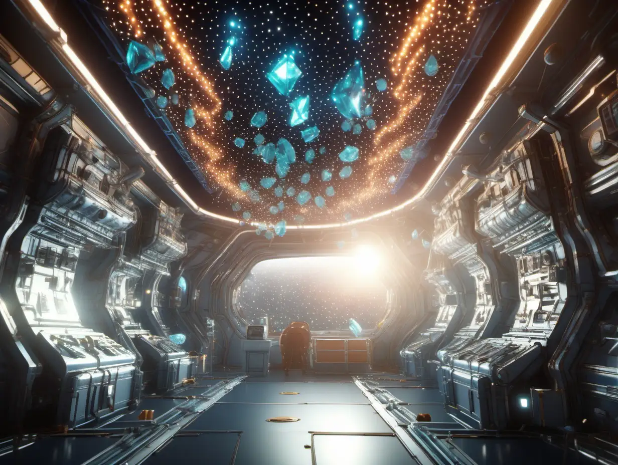 Space station, hanging crystals hang from the ceiling, luminescence, pixar style CGI ,warm cinematic lighting, wide shop of space ship interior,  award winning,  octane render, detailed --ar 4:3 -- s750 