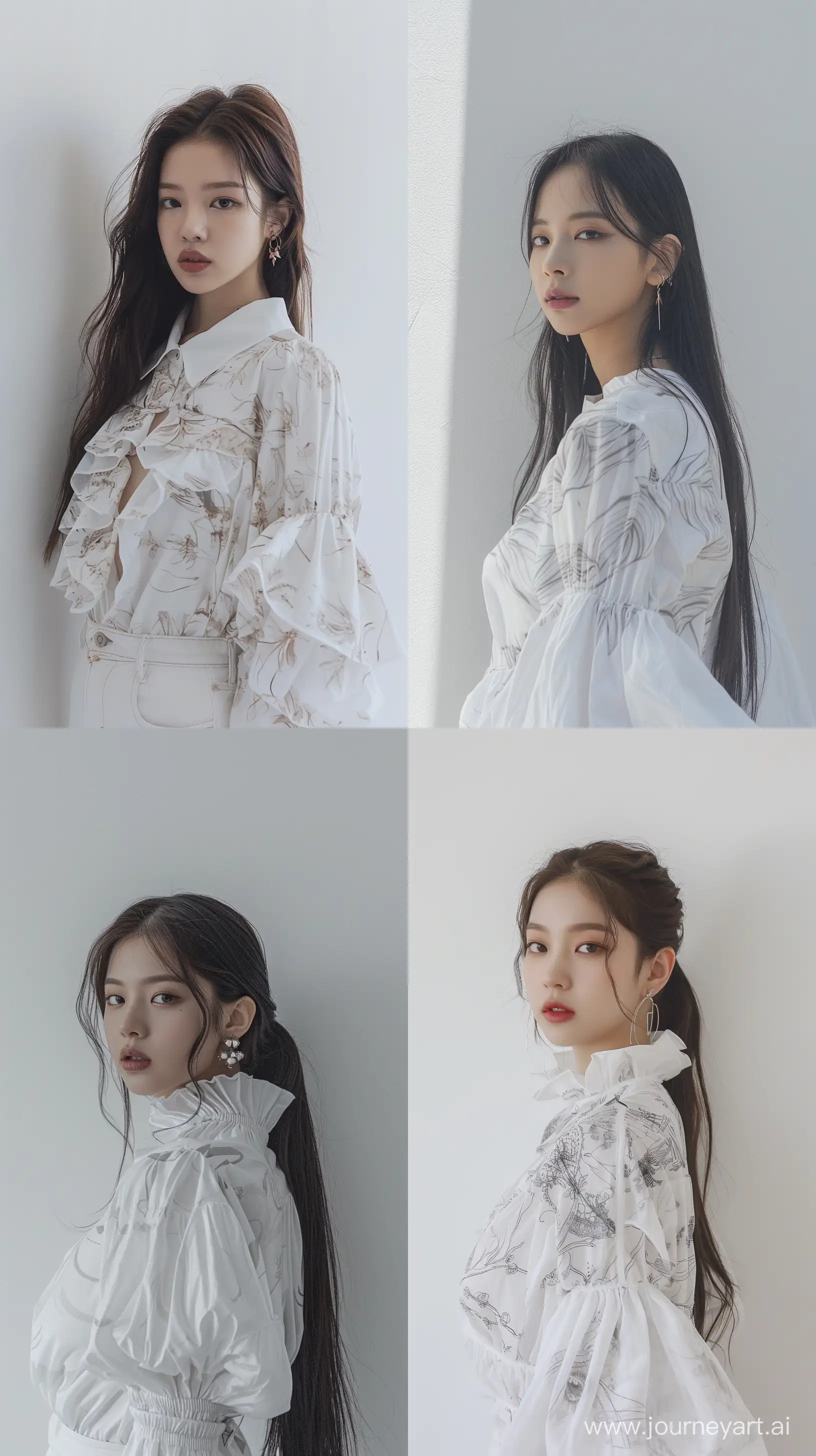 A blackpink's jennie ,wearing white oversize motived blouse, standing front of white wall,headshot,profile,and facial features resembling Blackpink's Jennie. --ar 9:16 --v 6