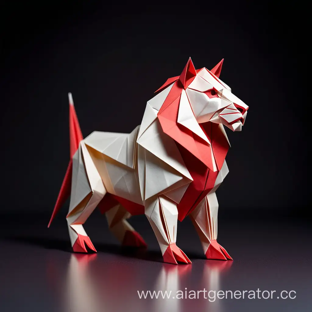 Simple logo of a loin red and white standing, made of origami.