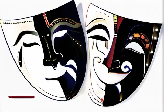 please give me a vibrant colorful ethnic and whimsical version of the Greek tragedy masks used to symbolize acting using bright reds, dark blue,  sunset yellowish orange  and make the faces, male, female and heart shaped
