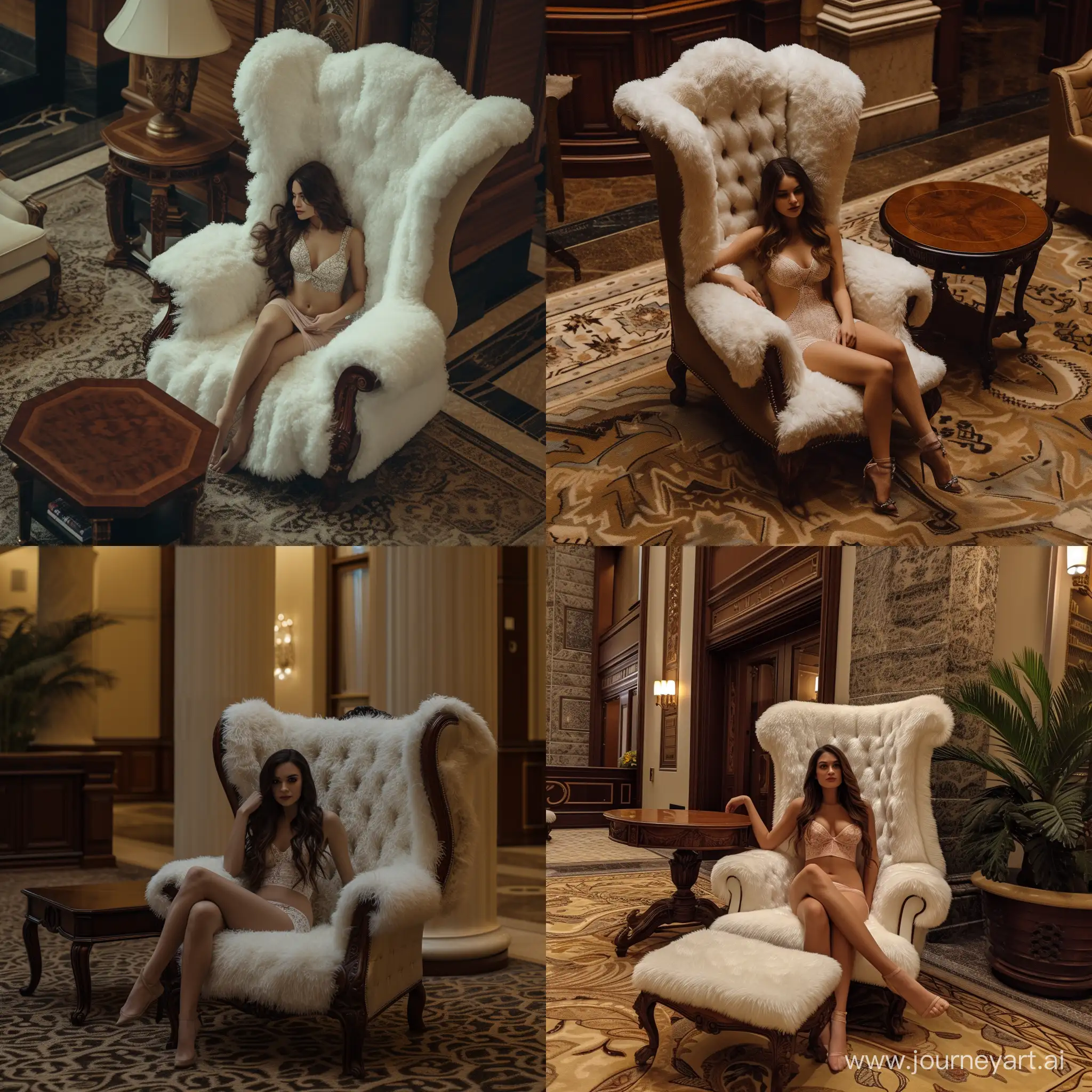 brunette lingerie model that dose not exist in real life, relaxing in a tall back neo-cosmic chesterfield arm chair made with thick white fur, a mahogany coffee table next to it, a thick carpet under it, hotel lobby, focus on a air of comfort, loneliness and luxury