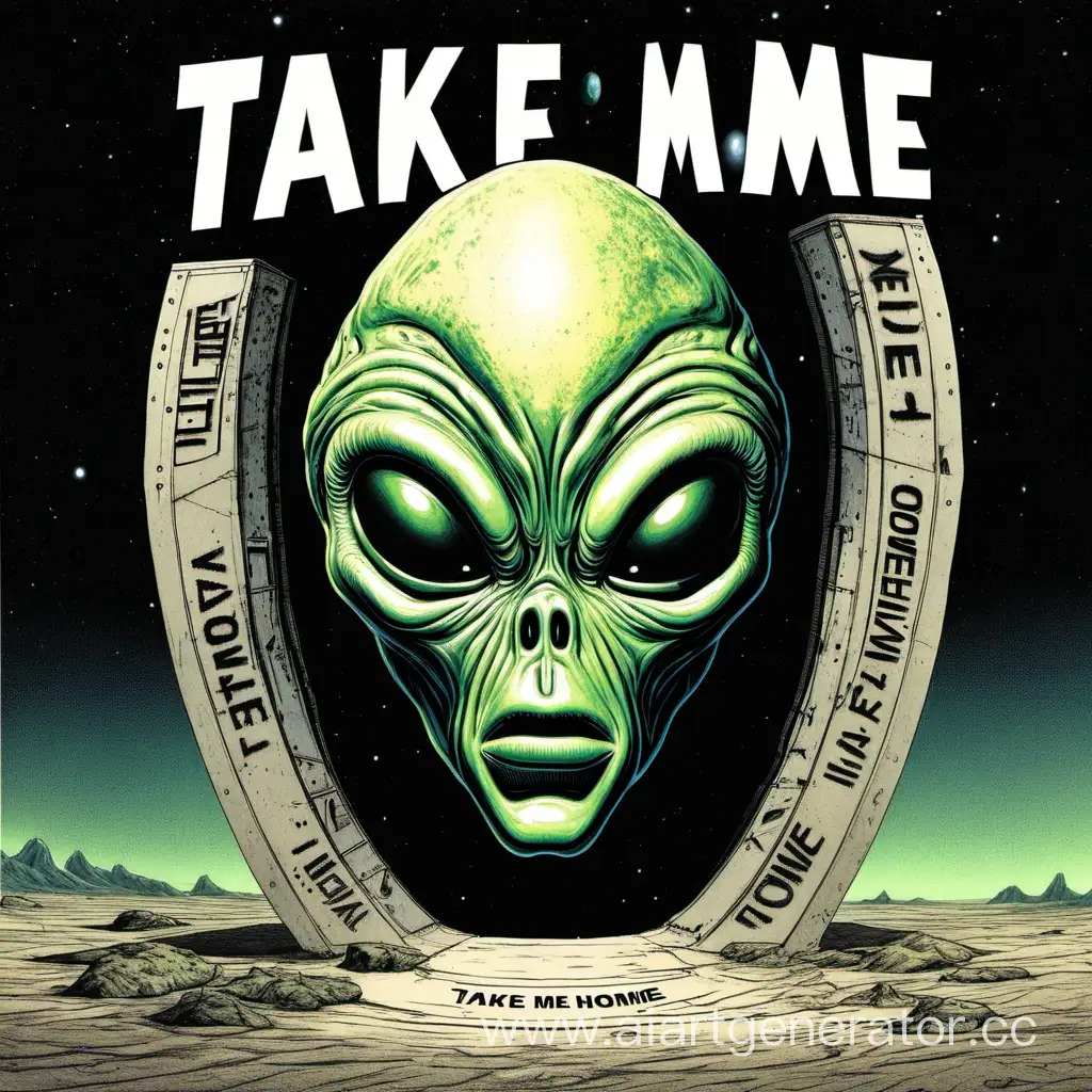 Extraterrestrial-Encounter-Alien-Head-with-Take-Me-Home-Inscription