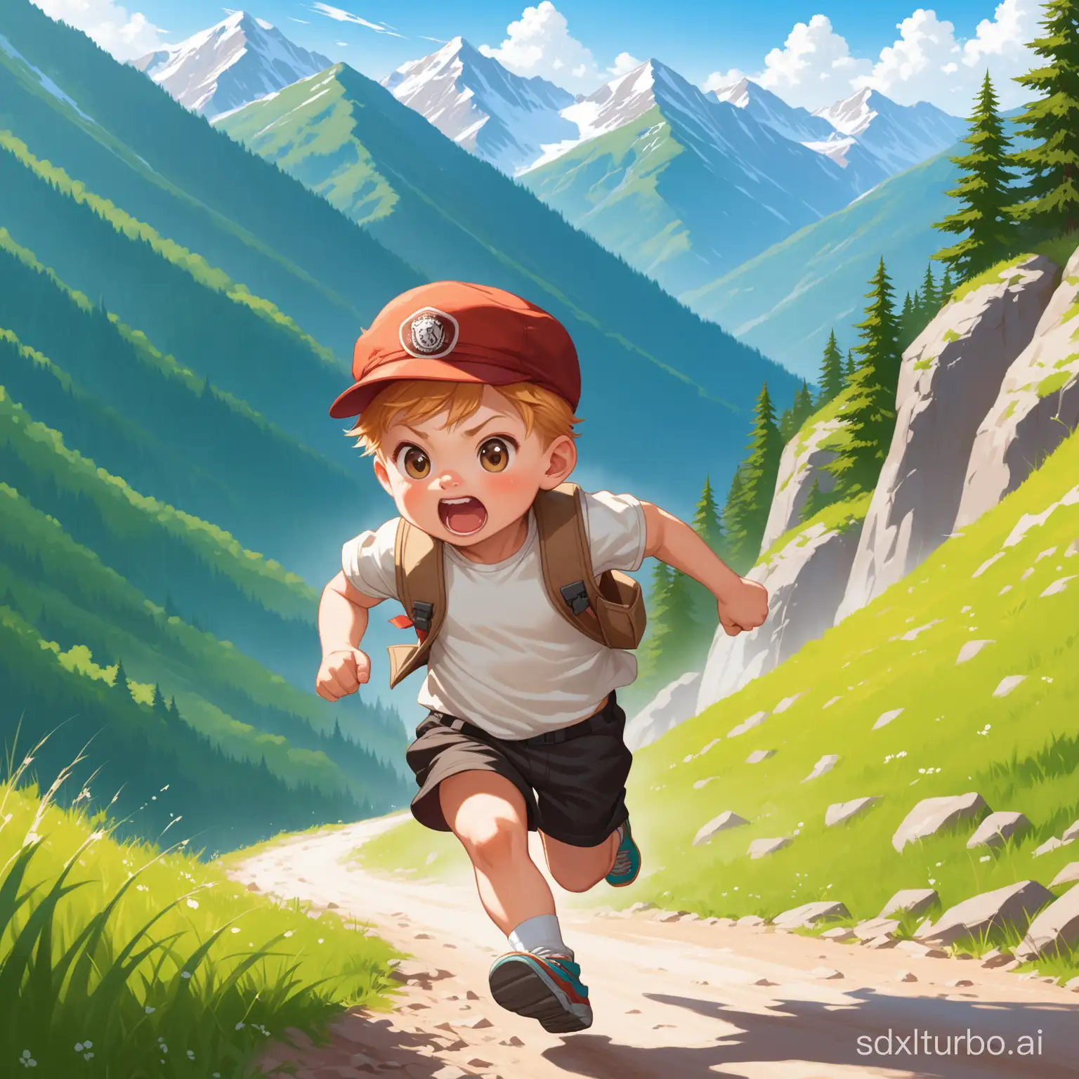 Playful-Child-Running-Amidst-Majestic-Mountain-Landscape
