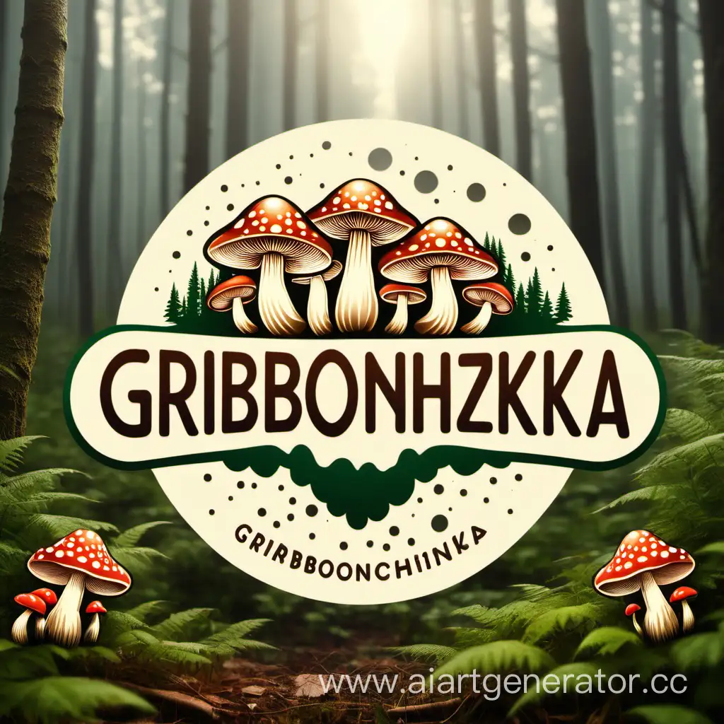 логотип компании GRIBONOZHKA, компания производить грибы, в центре грибы молочные в лесу, на молочном фоне
