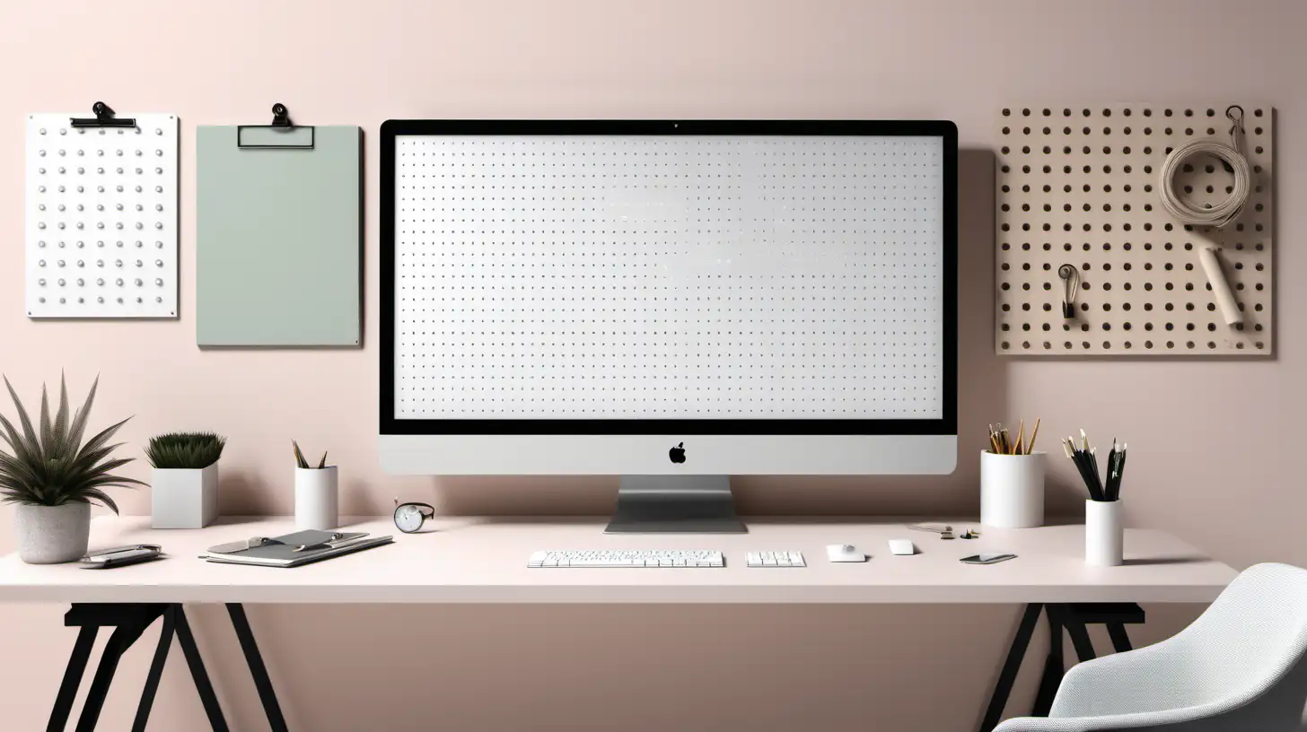 generate an office space with a work desk, a peg board on the wall, a wide screen, an other office accessories, a modern style with a subtle colour palette