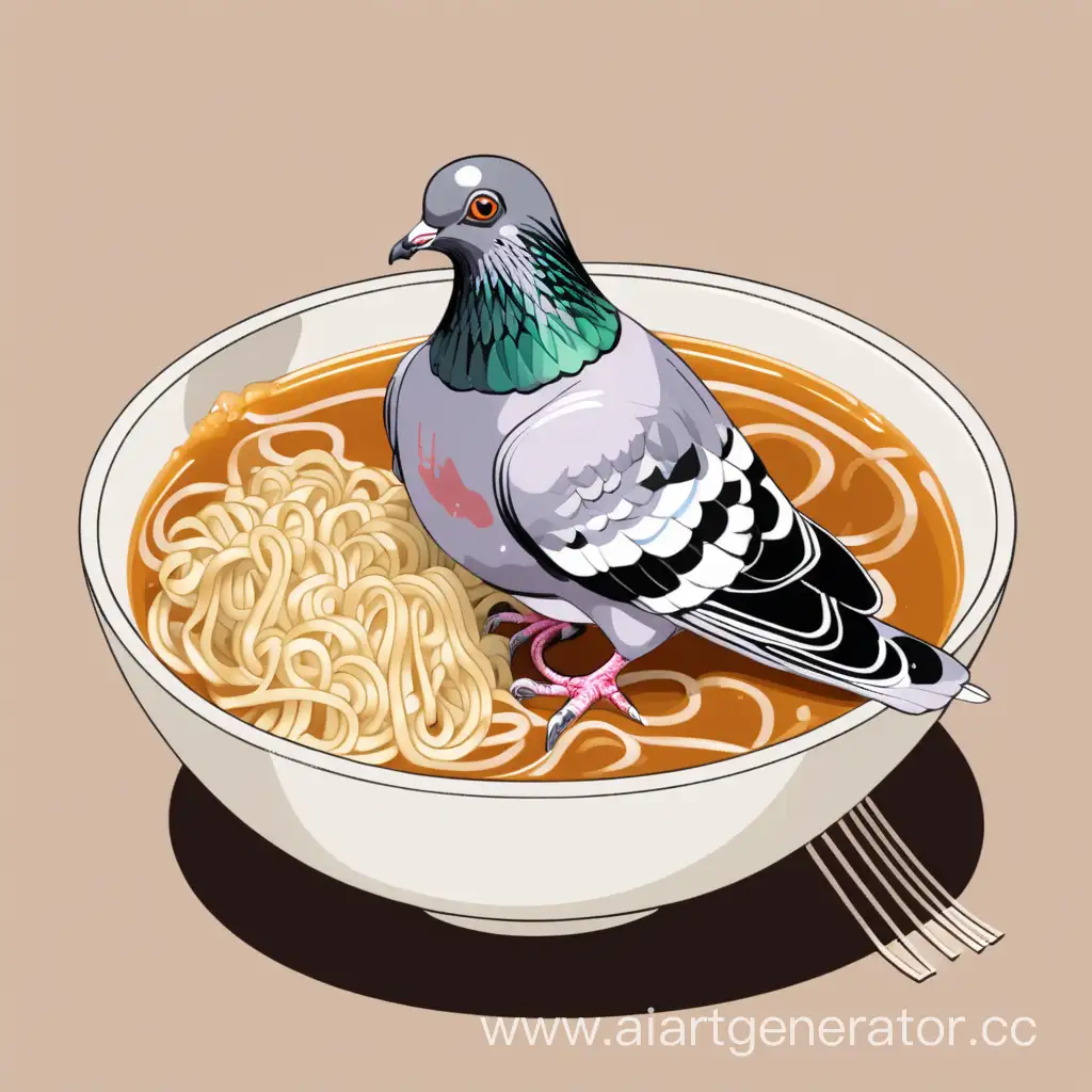 a pigeon eating a bowl of soup consisting of clear broth and noodles
