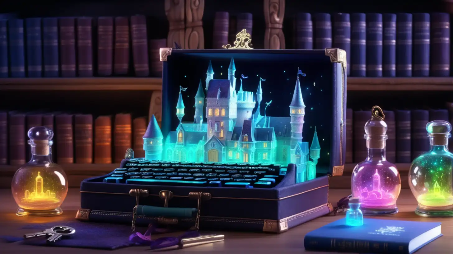 Magical Typewriter with Glowing Keys and Iridescent Castles in a Library Setting