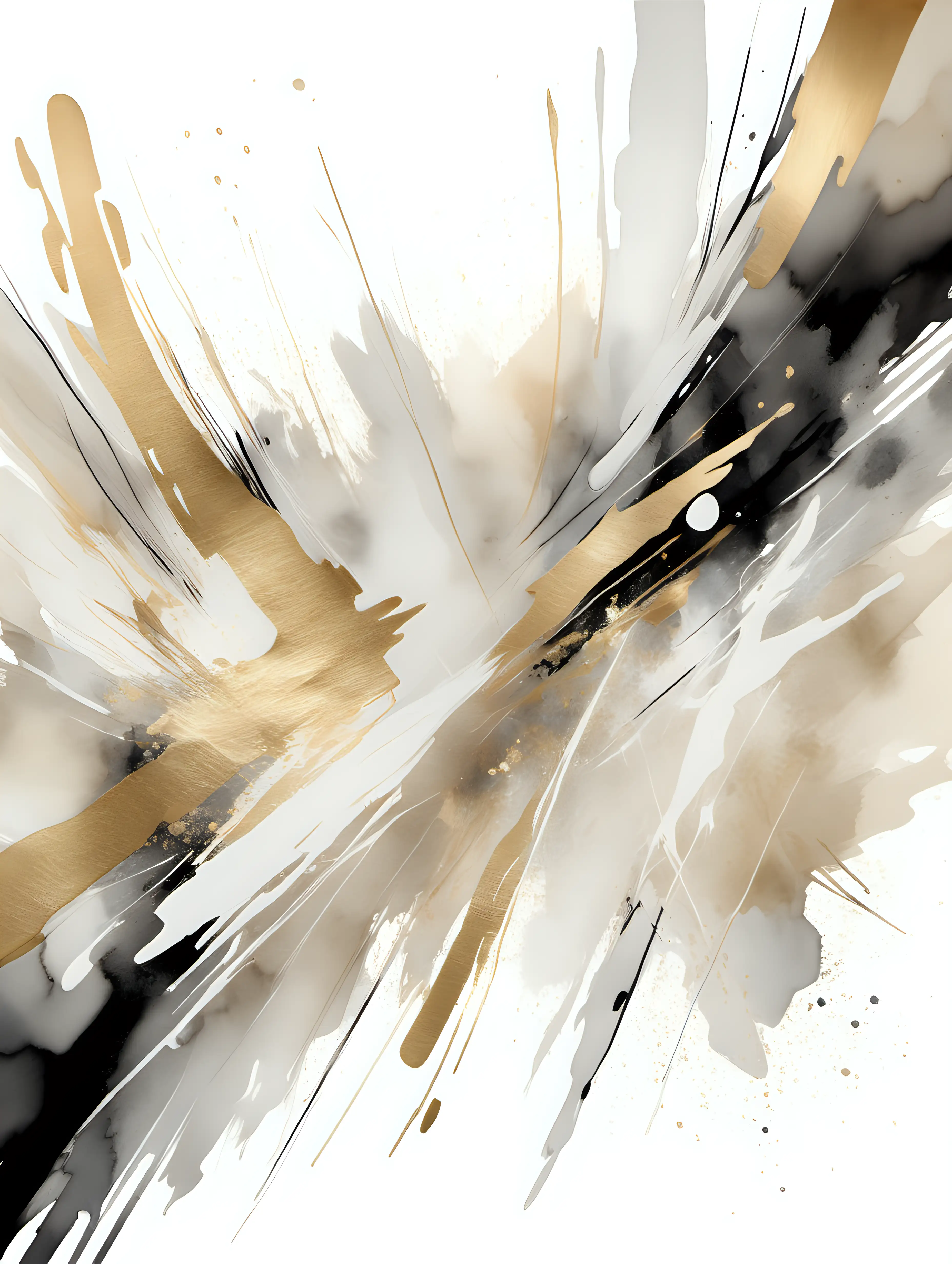 Large modern abstract image that incorporates light watercolours white, beige, gold and black in horizontal and vertical brush strokes only. Nortic design