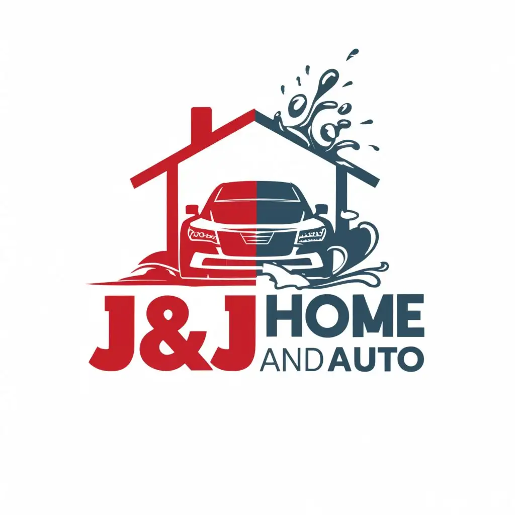 logo, Half Car Half Home with water splash, with the text "J&J  Home and Auto", typography