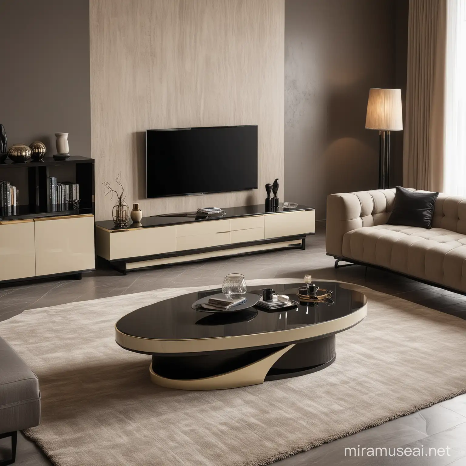 Modern Geometric Living Room Furniture Set in Anthracite and Cream Tones