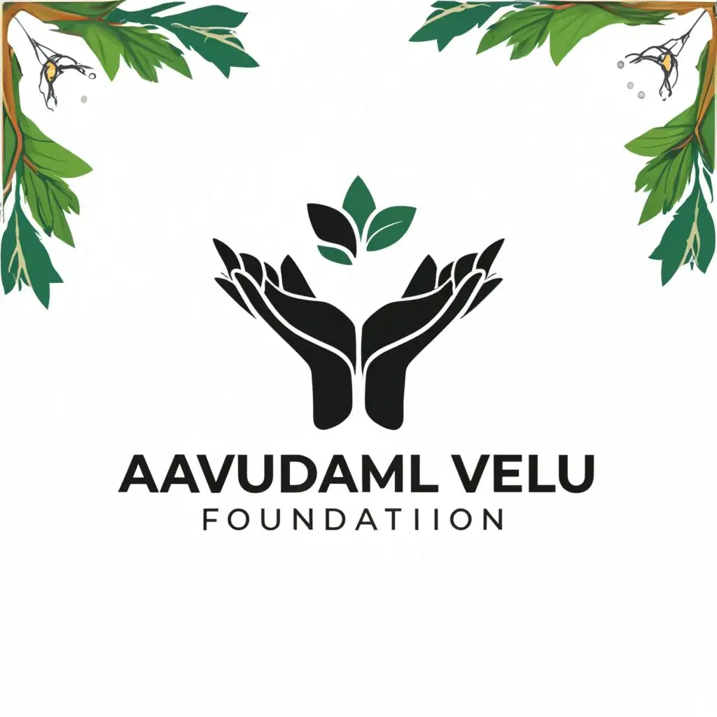 a logo design,with the text "AVUDAIAMMAL VELU FOUNDATION", main symbol:HEART and four leaves above the hands and trees,Minimalistic,be used in Nonprofit industry,clear background