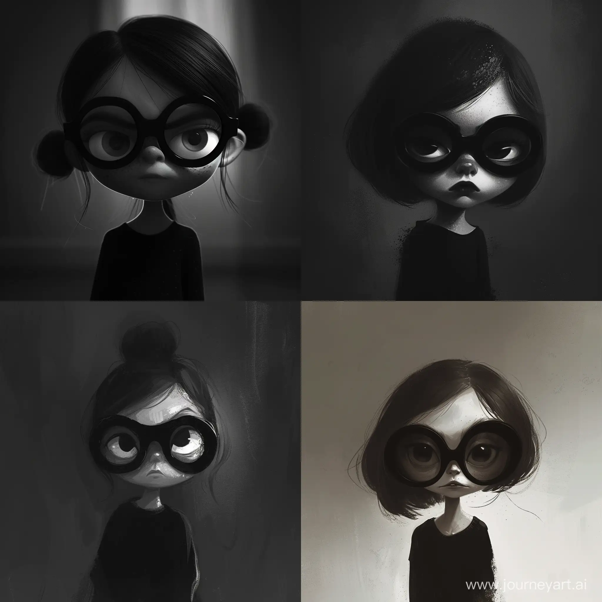 The girl is small and favors wearing dark colors, particularly black, in order to blend into the shadows. Her black glasses give off a foreboding impression, as they appear larger than her face. Though her appearance may come across as frail and vulnerable, there is a dark, brooding intensity hidden in her intense stare.