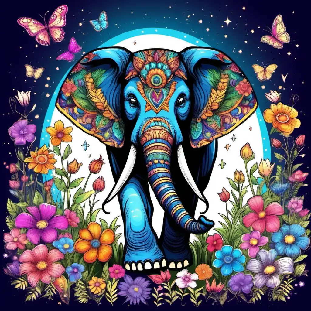 Create a very unique and beautiful coloful image with an elephant with flowers  and other animals and lots of flowers at midnight sorounding the elephant magical