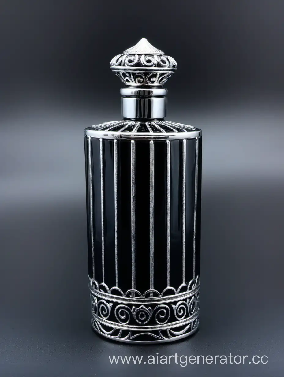 Luxurious-Zamac-Perfume-Bottle-with-Ornamental-Black-Design-and-Stylish-Silver-Accents