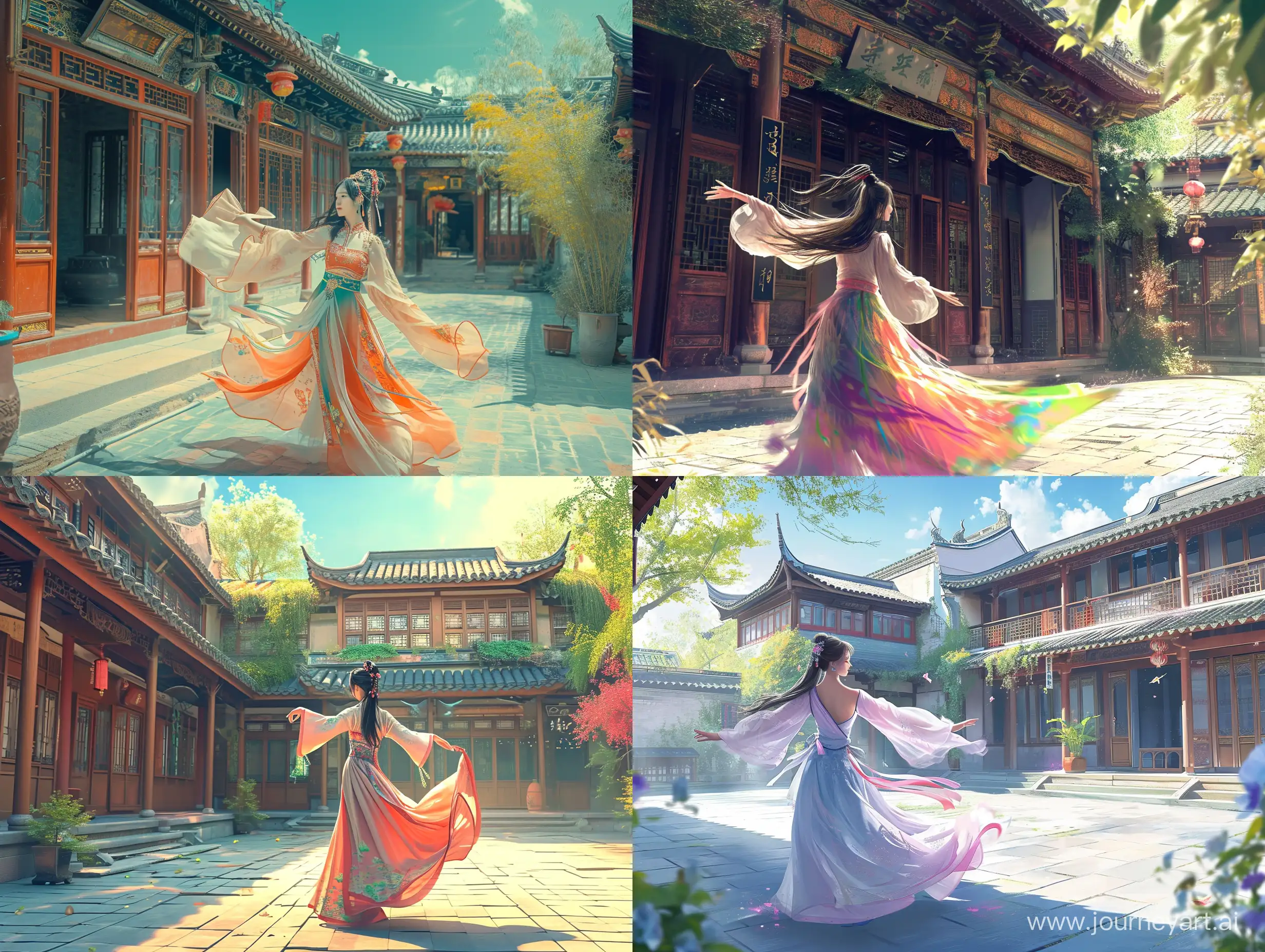 一座府邸的院内，一个美女正在跳舞，彩色中国风，水墨画风格，二次元漫画，高清，高级感，大师之作，古代，东方美学。