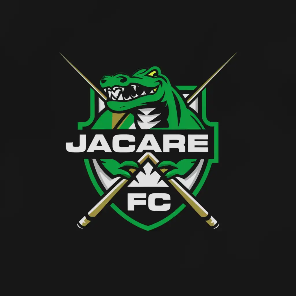 a logo design, with the text 'JACARE FC', main symbol: Alligator with a snooker cue, green and black background, circle, circle logo, crossed pool cues, Moderate, to be used in the Entertainment industry, clear background, alligator facing right