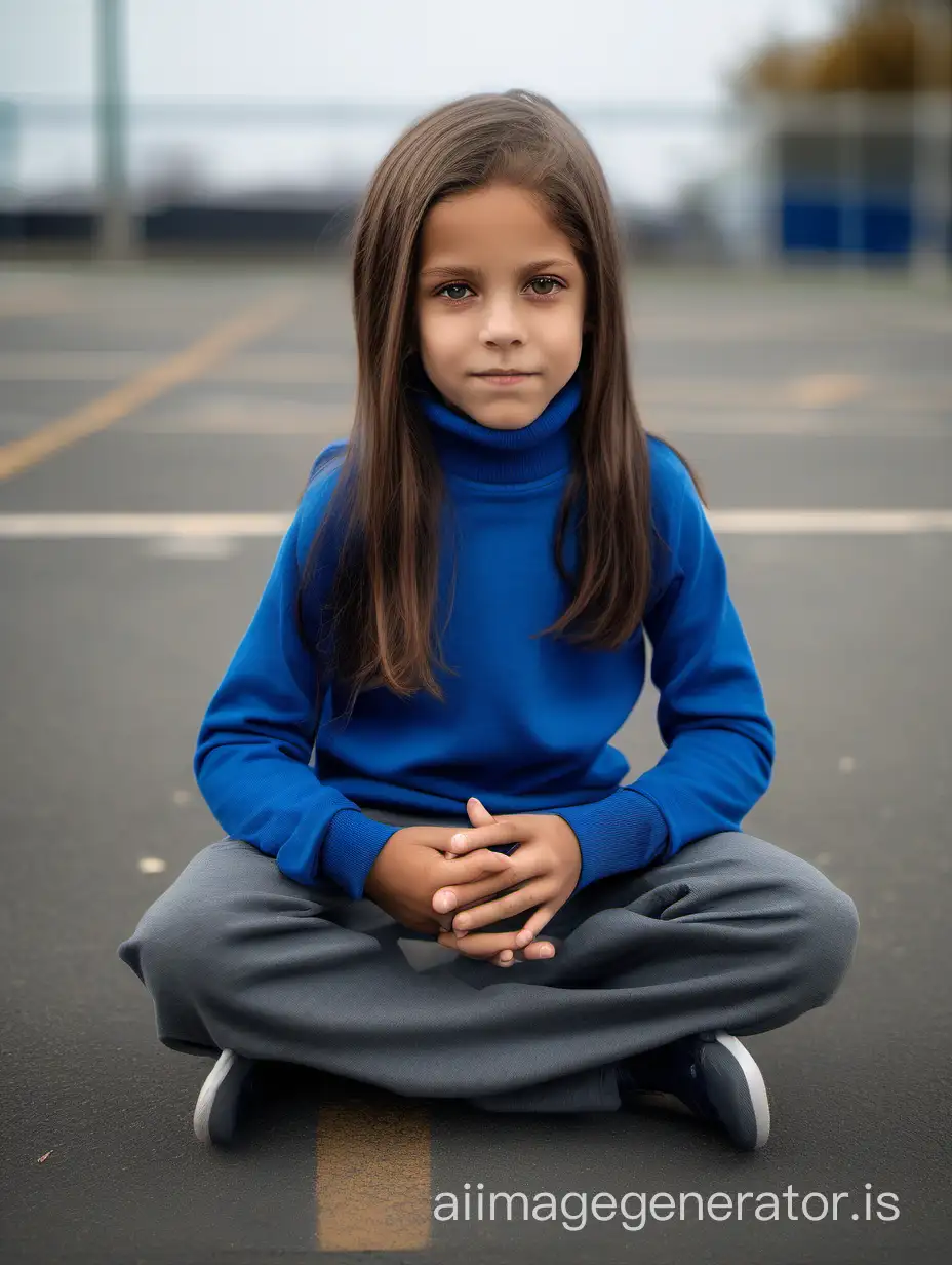 7 year old Caucasian girl, Long hair, Straight hair, Dark hair, Slim body, Sitting in an empty parking lot, Sitting on the floor, Kneeling position, Blue Clothes, Full sleeve turtleneck sweater, Sleeves covering wrists, Sweatpants, Sweatpants covering ankles, Wrists held together, Full body view, Aiming at viewer, 8k photo, HDR, professional lighting, taken with Sony A7 IV, 50mm lens, photograph, beautiful hands, detailed fingers