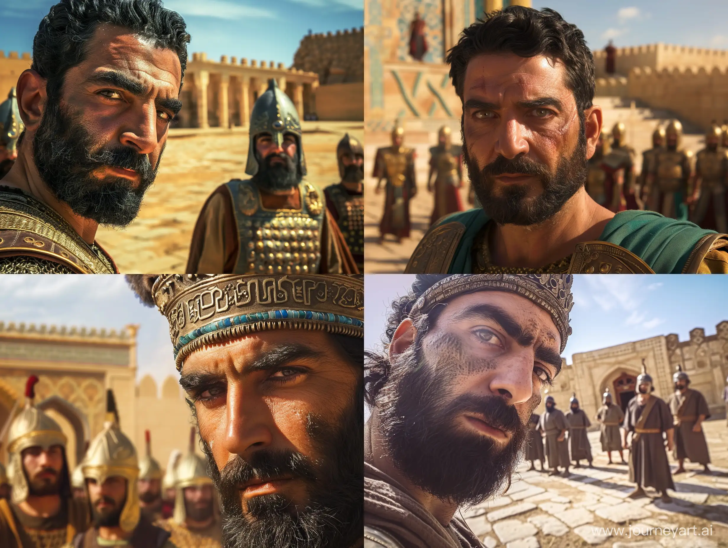 cyrus the great achaemenid empire is looking at the camera,the background is parse palace,immortal guards are standing behind him,lofi,--ar7:4,--qr2