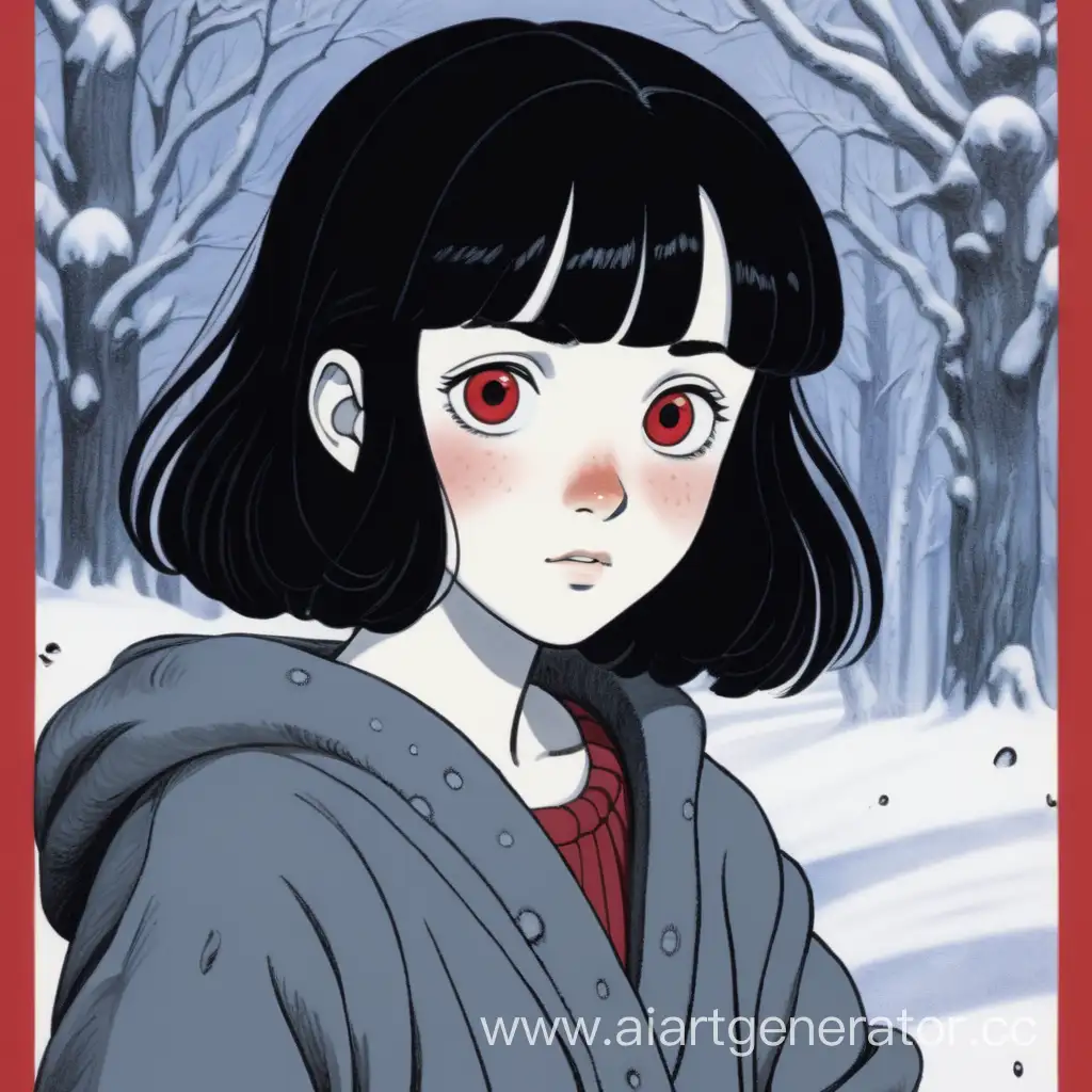 A thin 25-year-old woman with snow-white skin and freckles. Ruby-red eyes with black flecks, thick black hair. Ghibli art style. An old missing poster. Ghibli art style.