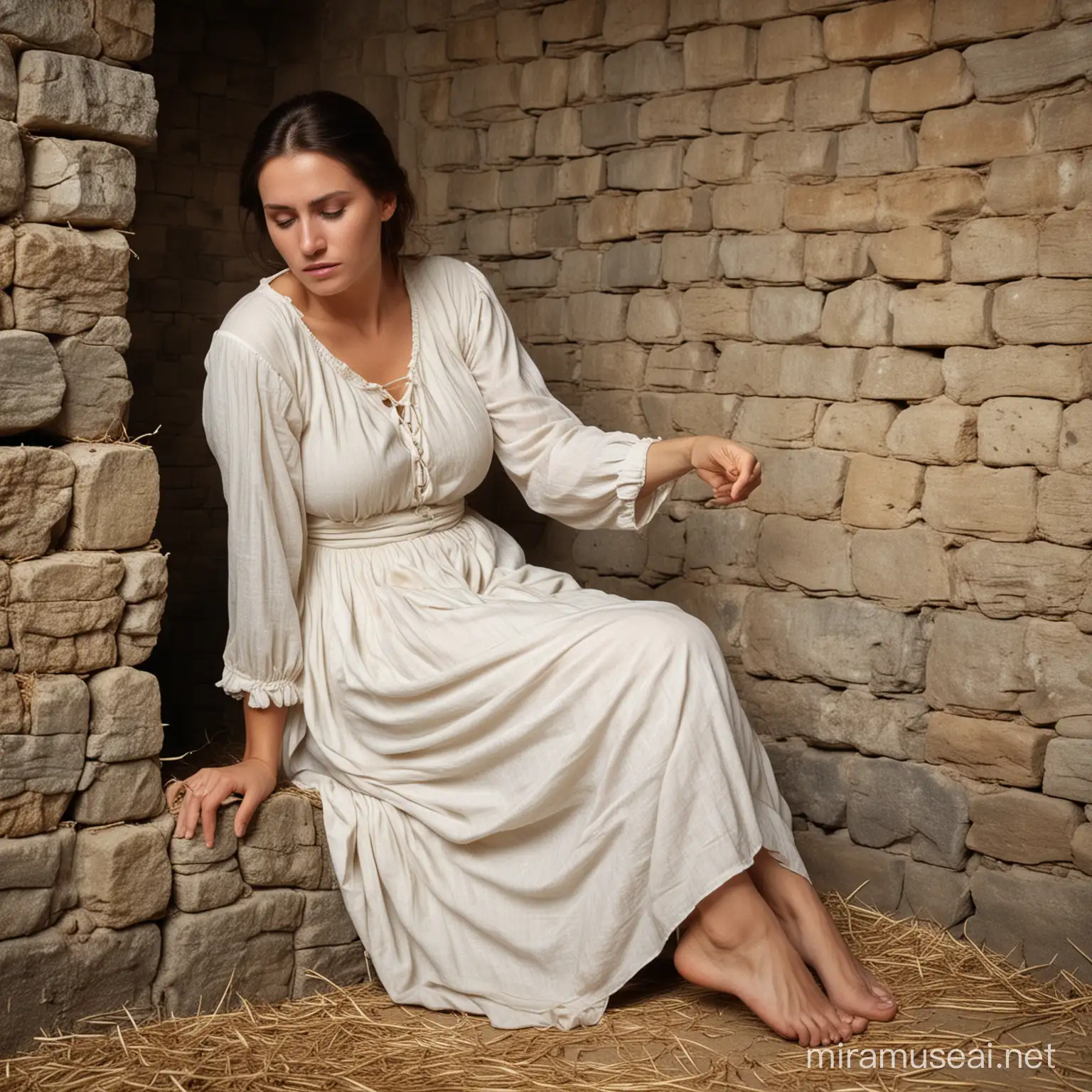  a busty slim peasant woman (30 years old, barefoot) sit on hay in the corner of a dungeoncell (Stone walls, 1600's) in dirty white longsleeve sackdress, head-to-knee view, she is sad and desperate