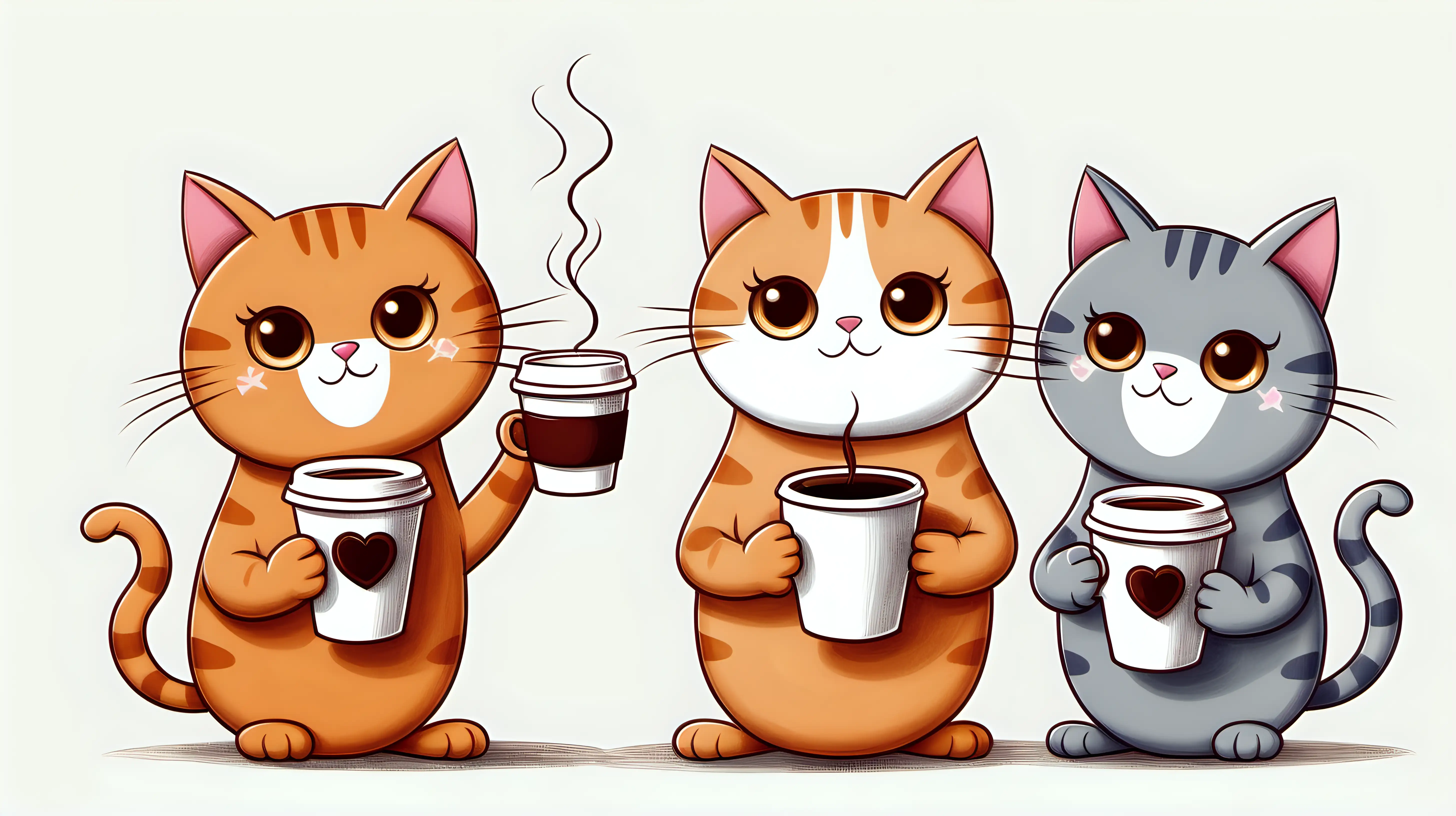 drawing of cartoon cats holding a cup of coffee; plain background