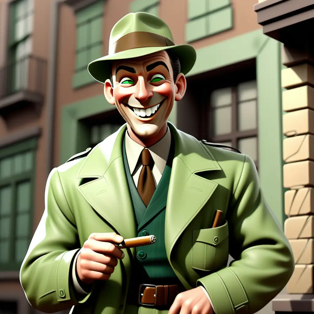 Male detective from 1940. Hasa cigarr anda big smile. His outfit is green.