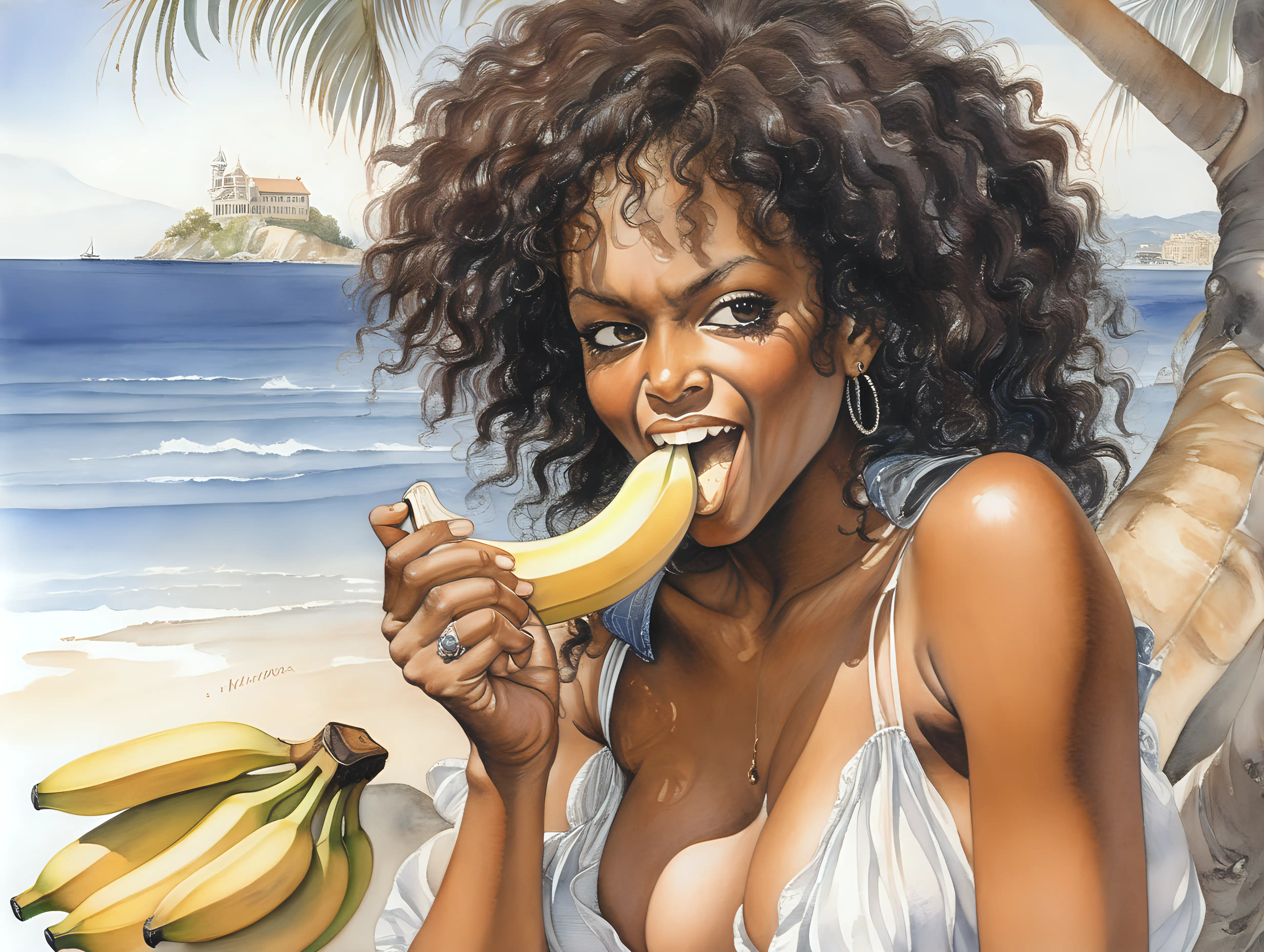 Ebony Mulatto Woman Enjoying Tropical Delight in Milo Manara Inspired Watercolor