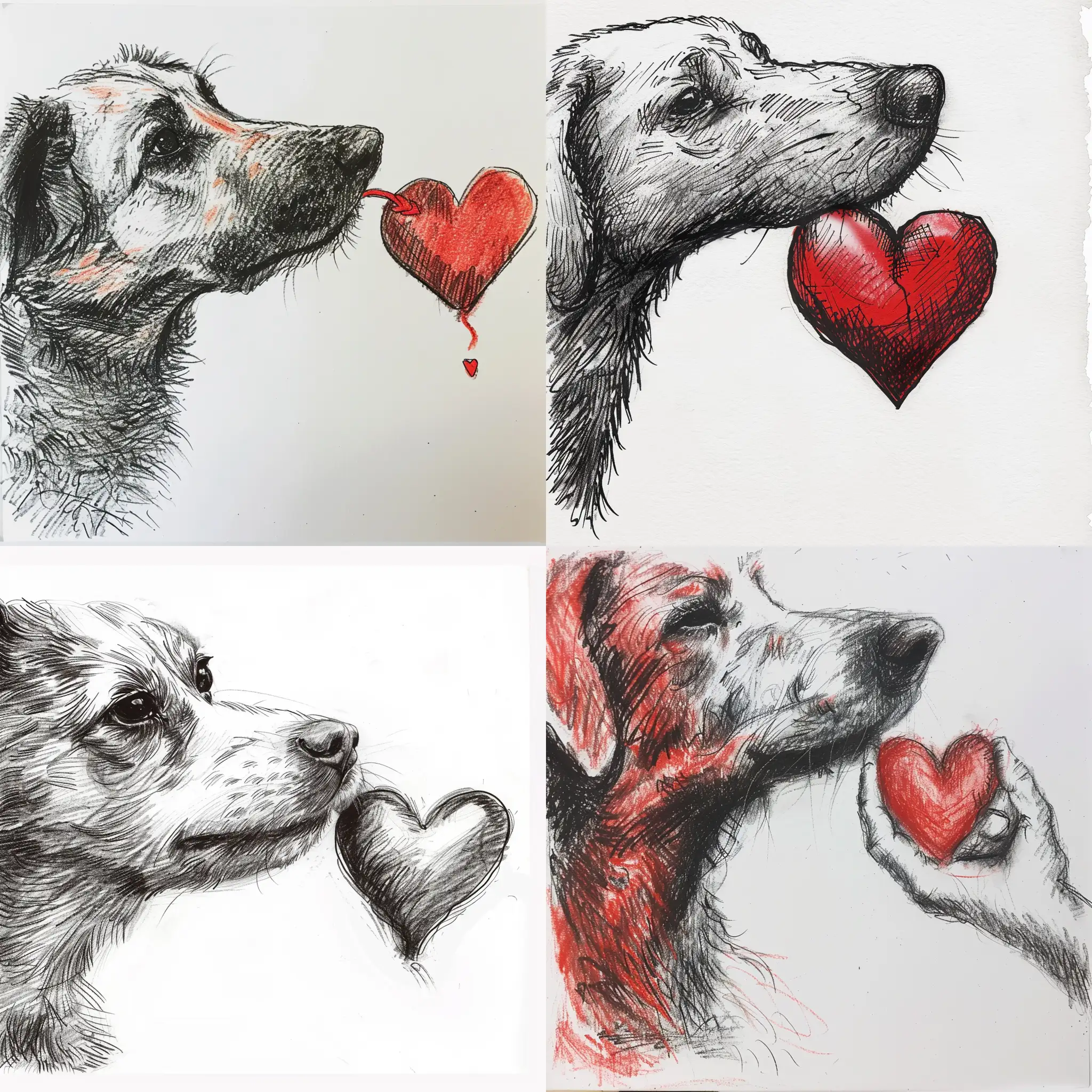 A drowing of a dogs snout tuching a heart