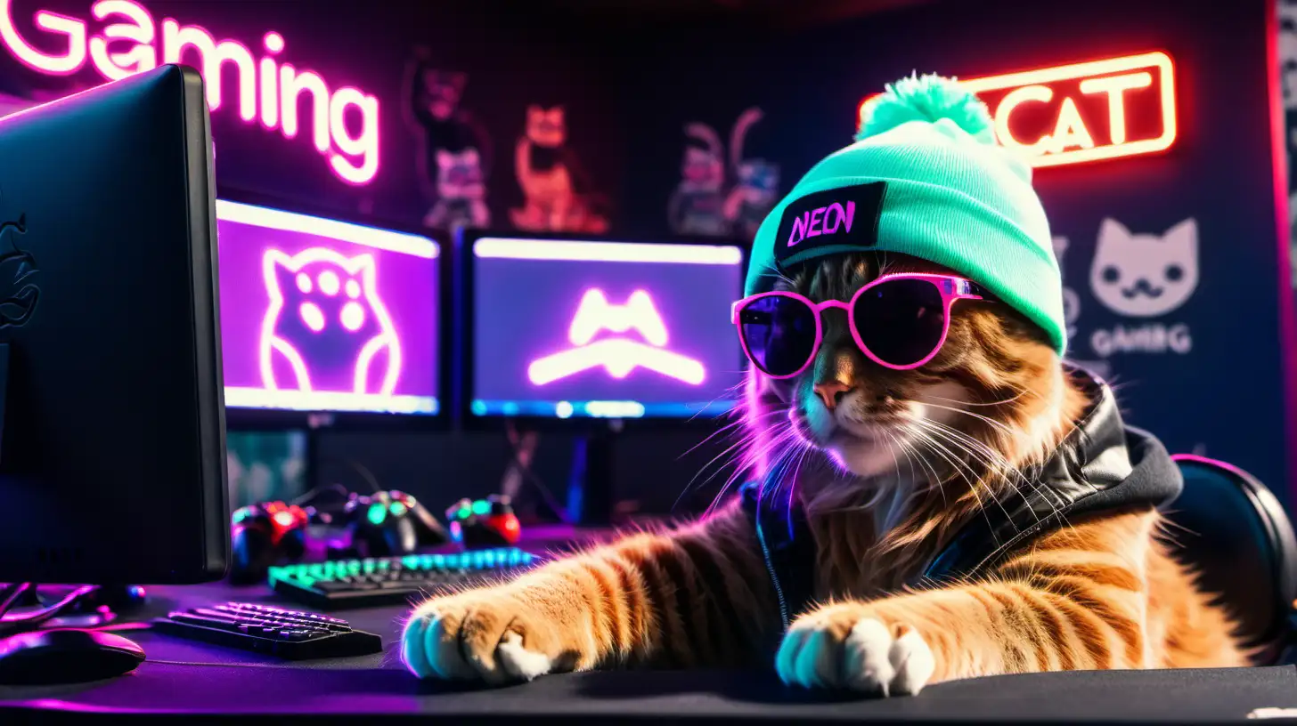 Cool Cat Gamer at Neonlit Desk