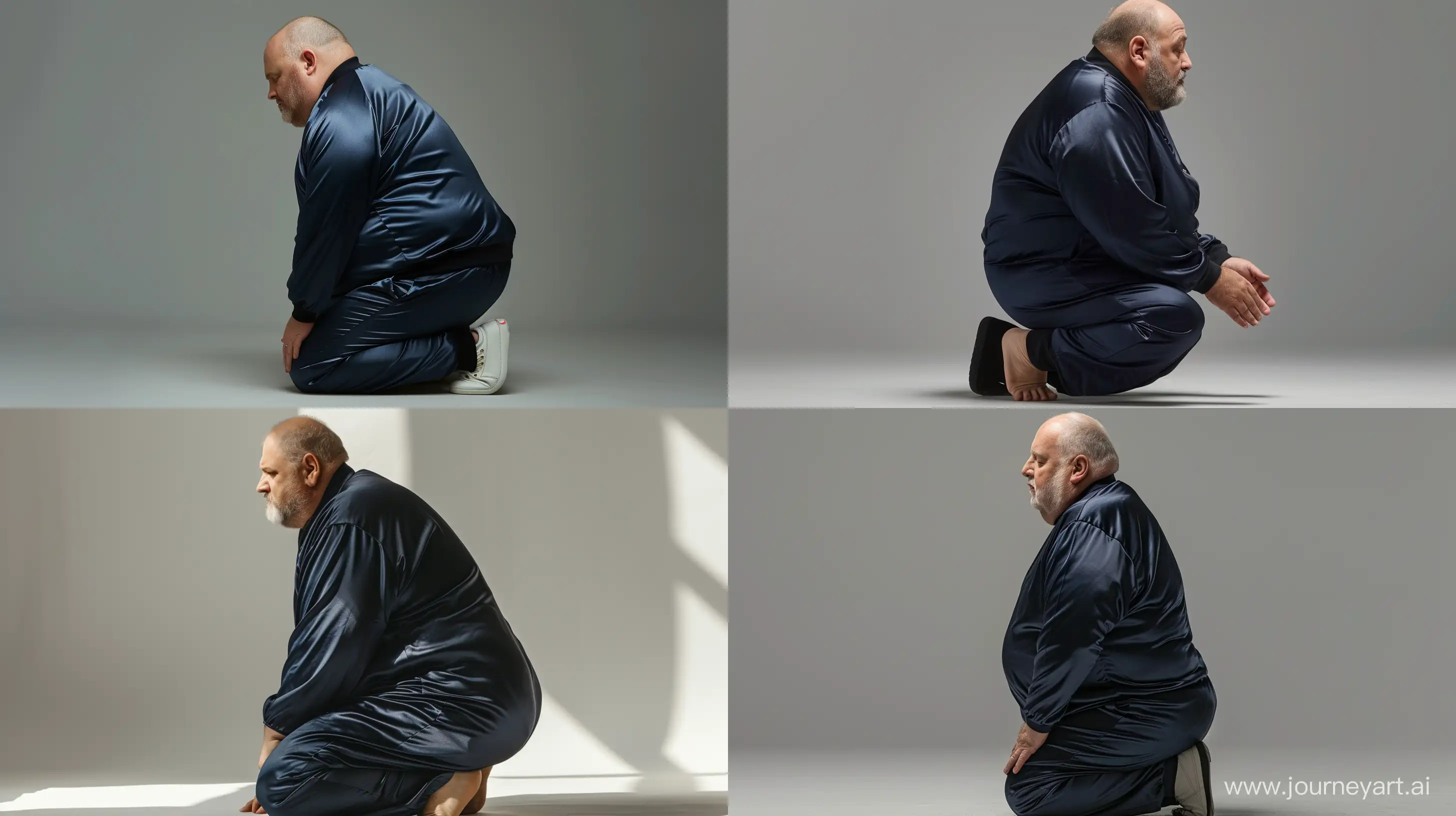 Side profile photo of a fat man aged 60 wearing silk navy tracksuit kneeling down. --style raw --ar 16:9