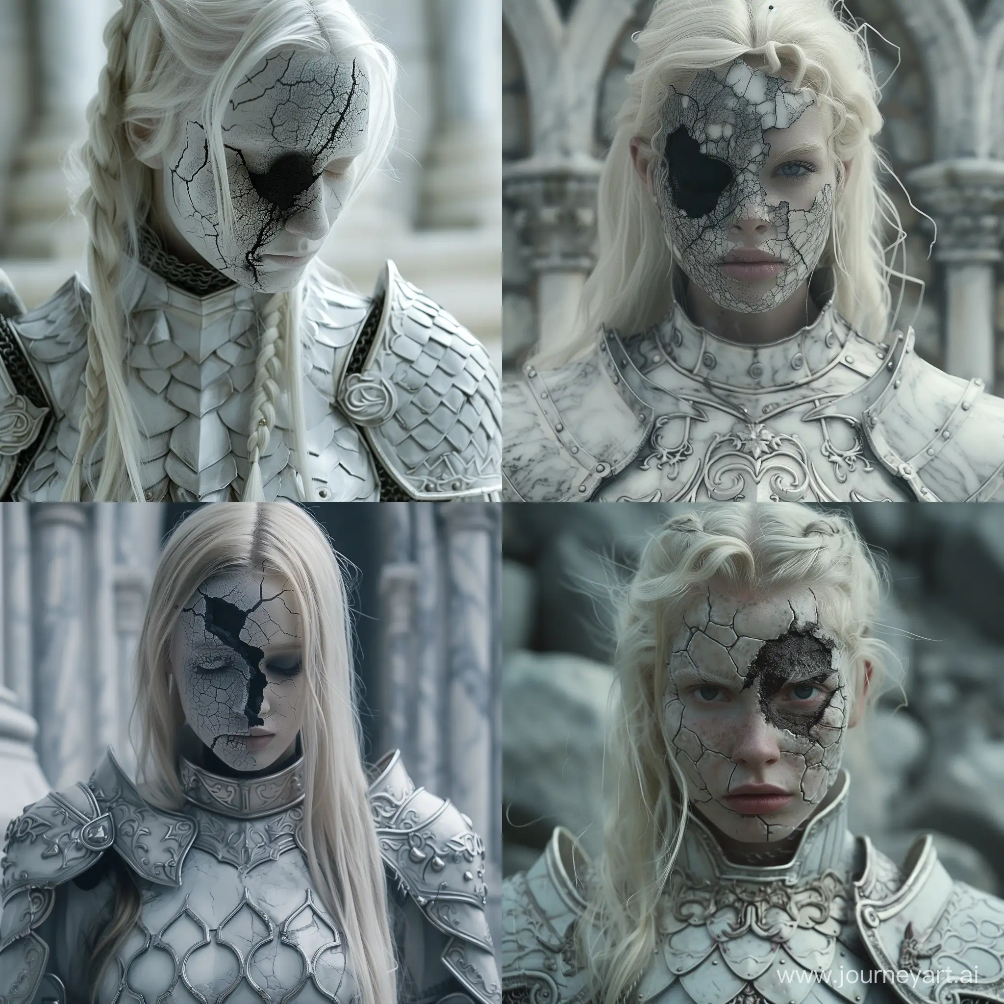 dvd screengrab thin girl blonde  knight crack with coal on the face in armor made of white marble scales as dark fantasy style 