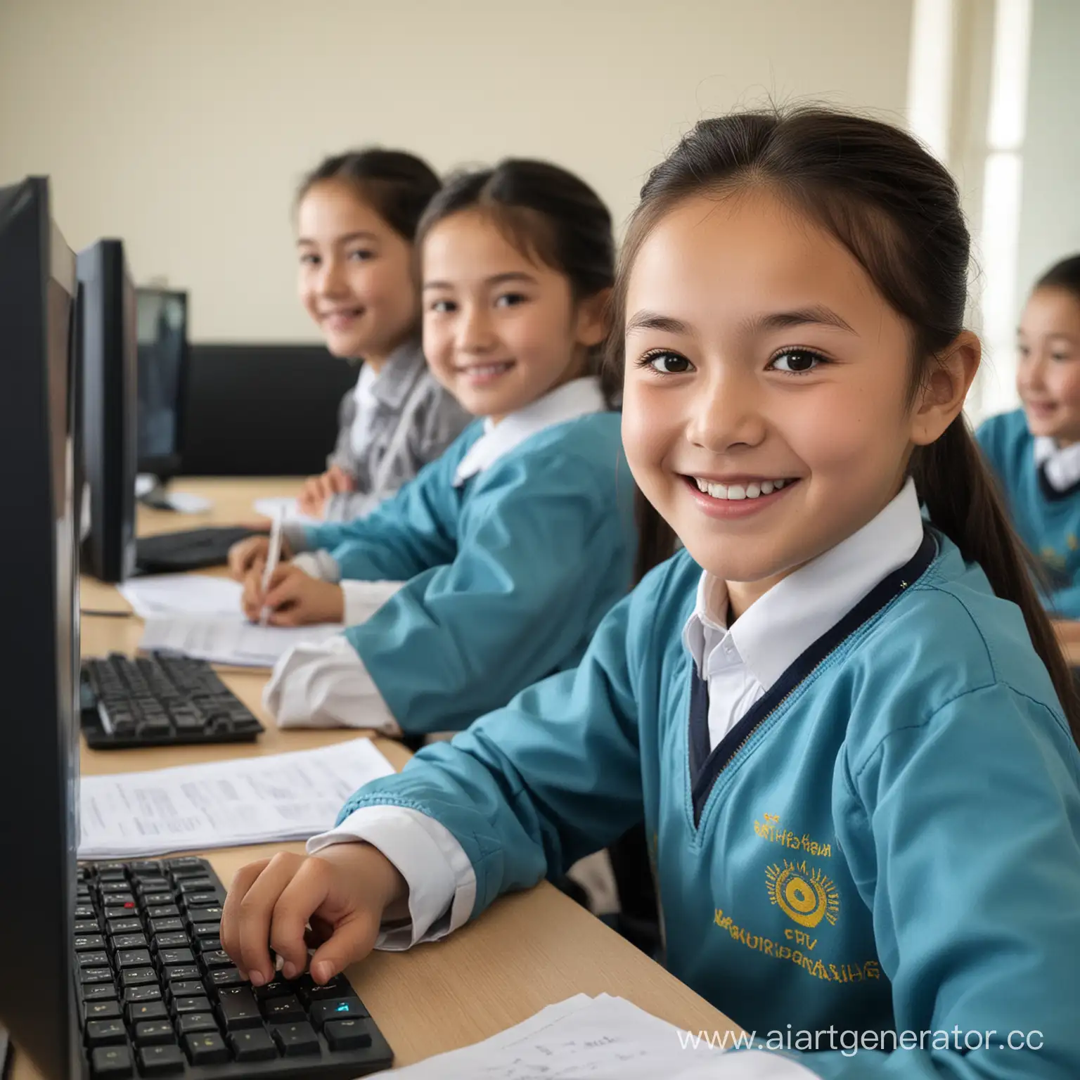 казахские дети занимаются на уроке, улыбаются, рядом стоят компьютеры 