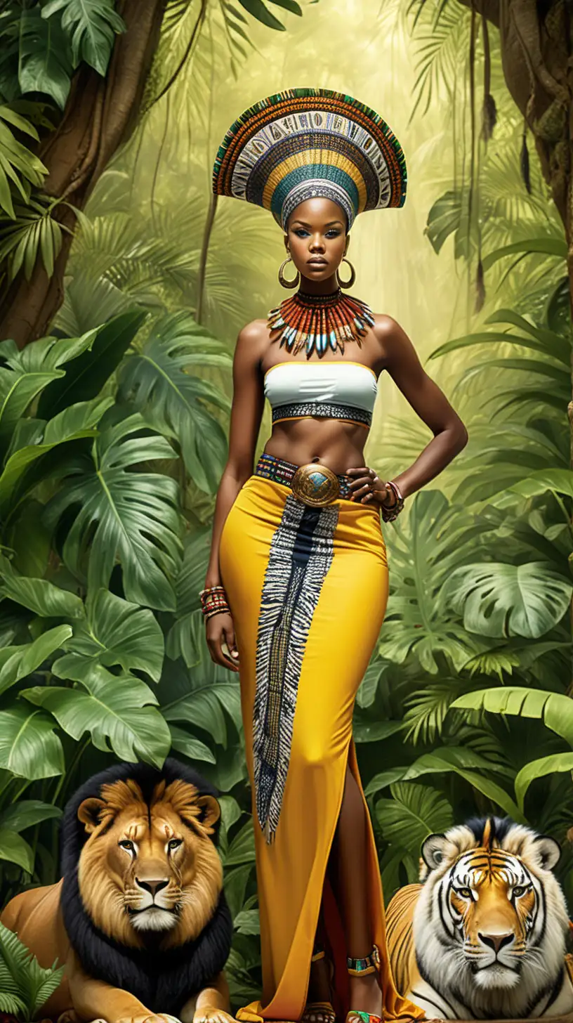 Craft an awe-inspiring image that merges the authenticity of African fashion with the untamed beauty of the jungle. Showcase a full-length view of a woman in traditional attire, surrounded by lush greenery and inhabited by majestic animals. Imbue the scene with cultural richness by incorporating shields, spears, and vibrant feathers, creating a captivating narrative that pays homage to the essence of African tradition