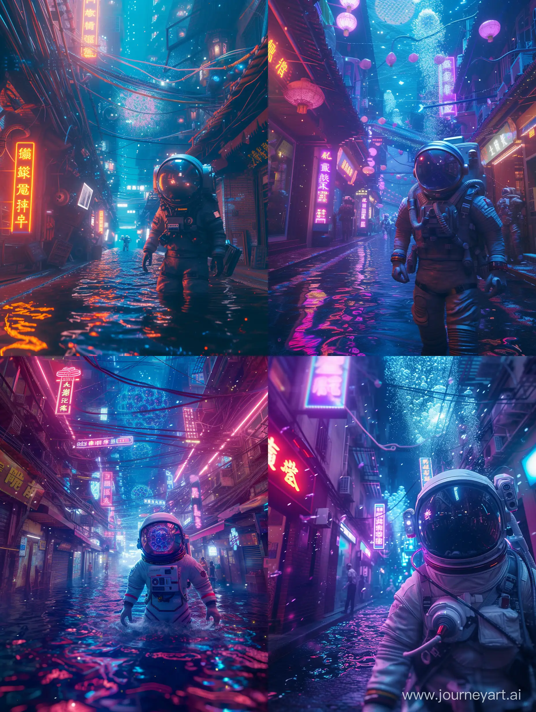 NeonLit-Shanghai-Street-and-Futuristic-Diver-Astronaut-in-Hyperdetailed-Spaceship