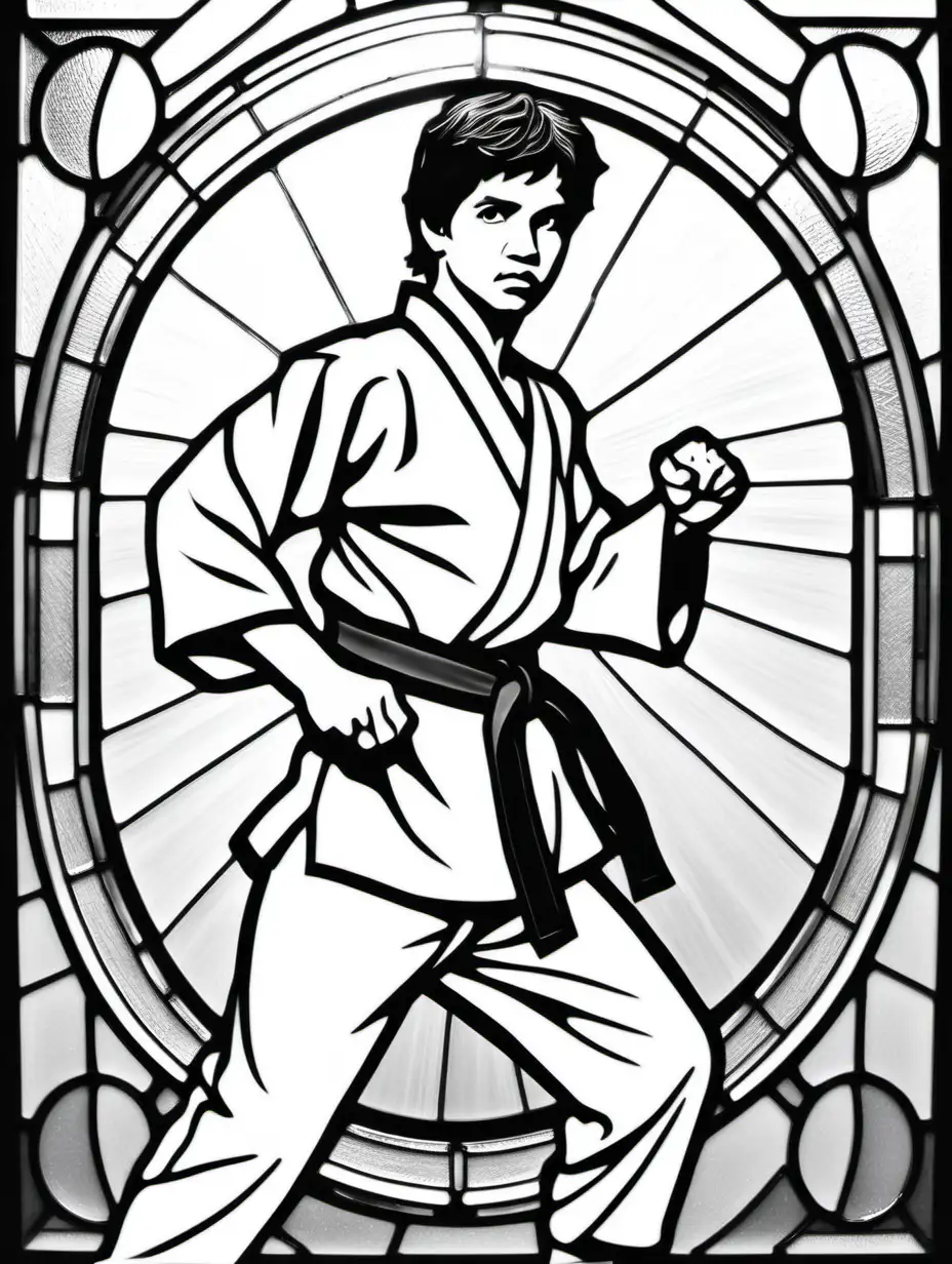 adult coloring page, clean black and white, white background, ralph macchio karate kid, japanese style stained glass, waist up, karate pose, 