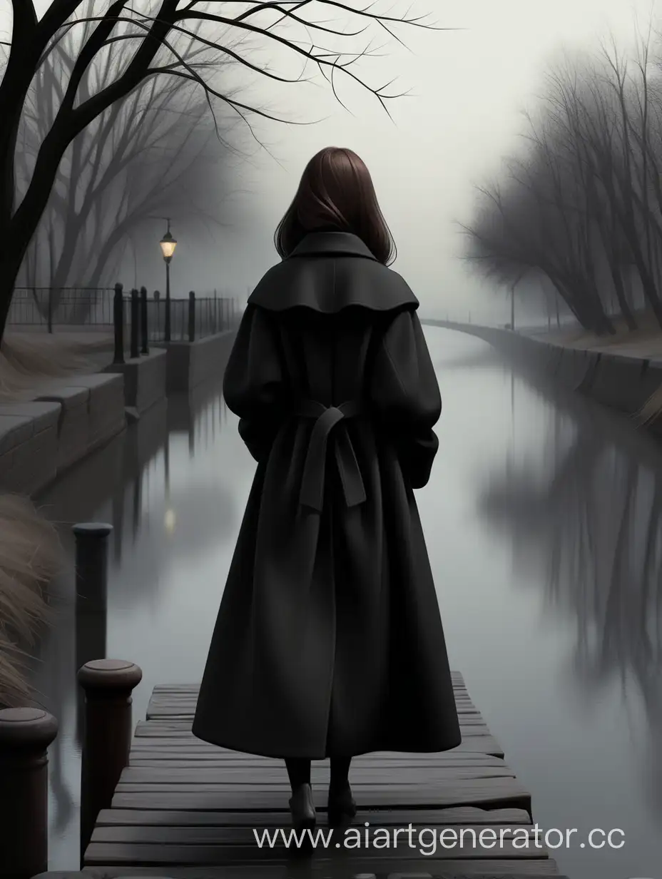 Lonely-Woman-in-Black-Coat-Walking-by-the-Desolate-River-at-Night