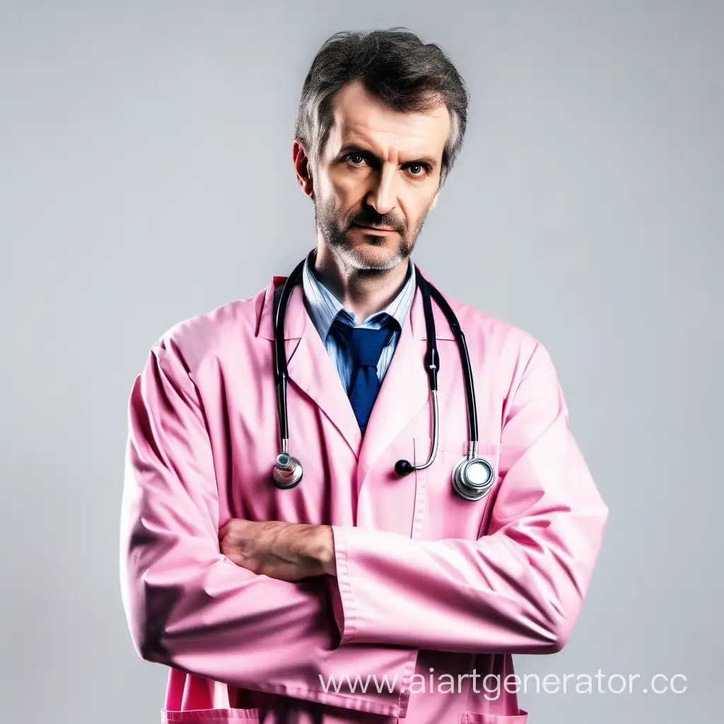 Доктор мужчина в розовом медицинском халате, картинка по пояс, белый фон