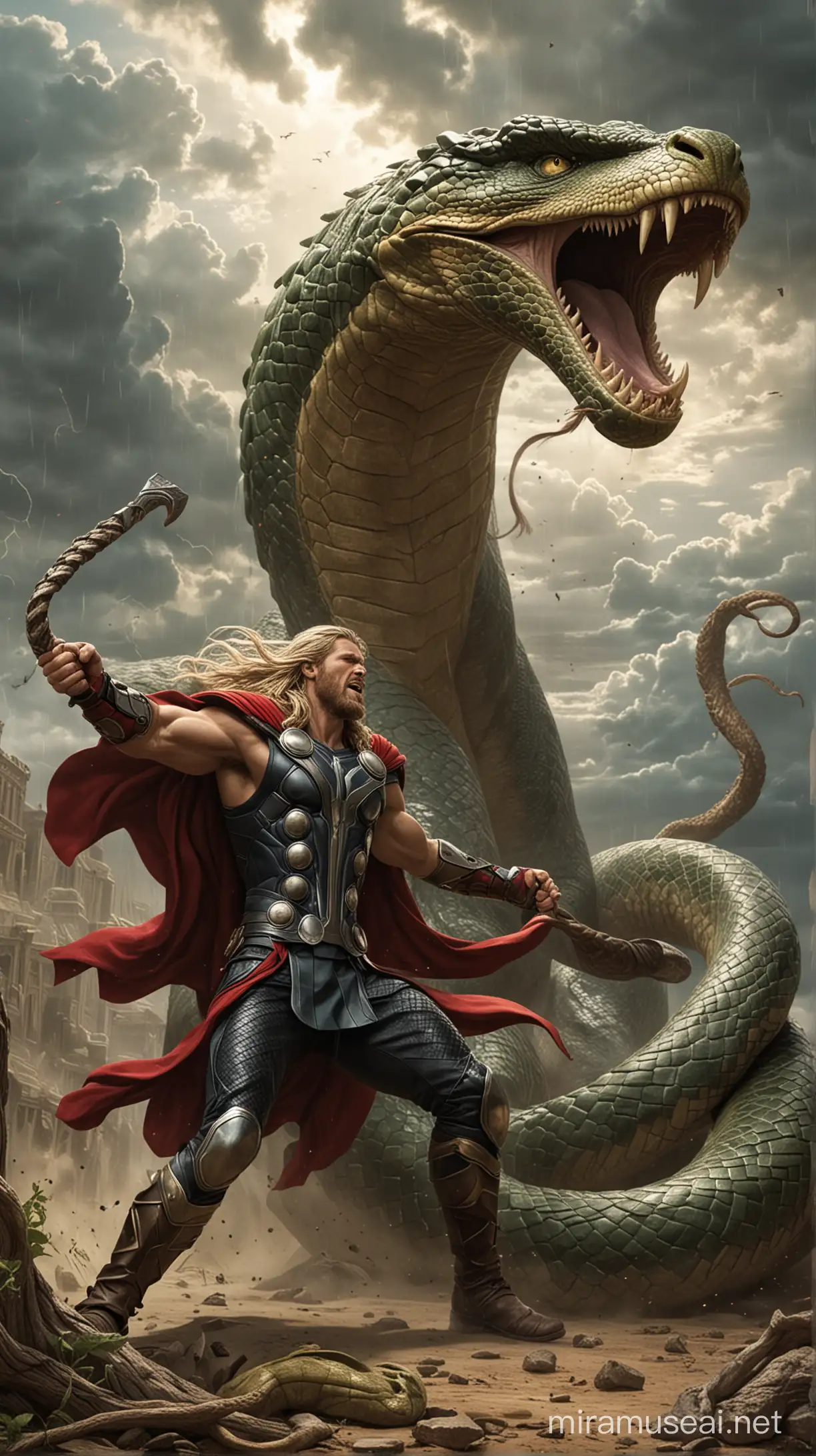 Thor Battles a Monstrous Serpent in Epic Confrontation