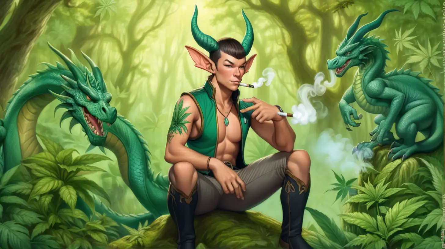 a man sitting on top of a lush green forest having a smoke break, hatched pointed ears, character splash art, tatoo, group portraits, boy, as an anthropomorphic dragon, shatner, exotic fey features, breeding, two pointed ears,cannabis, 