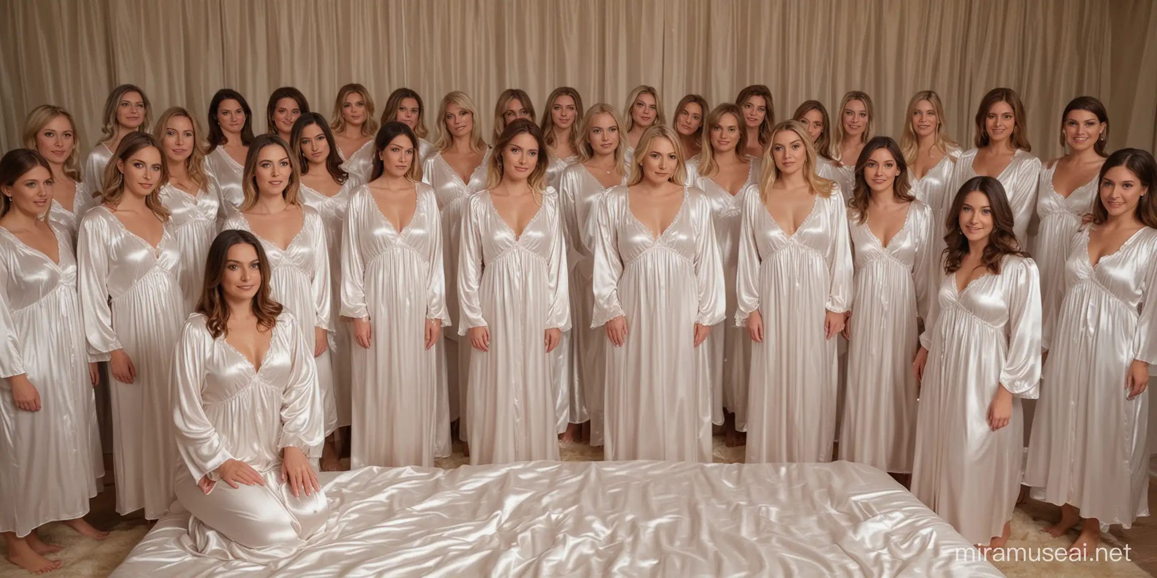 30 women in  milky satin nightgowns stand in 10 rows on a giant satin bed and look at you