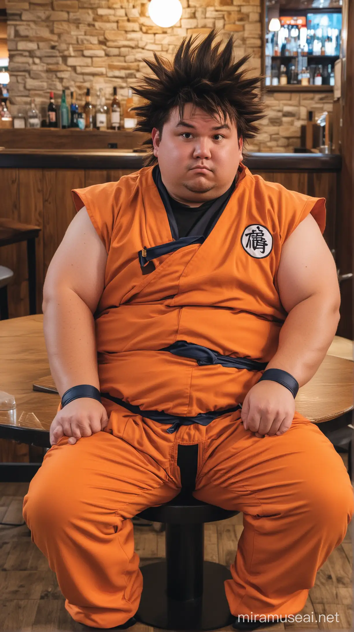 Chubby man dressed in a goku costume sitting sideways in a bar at a small round table